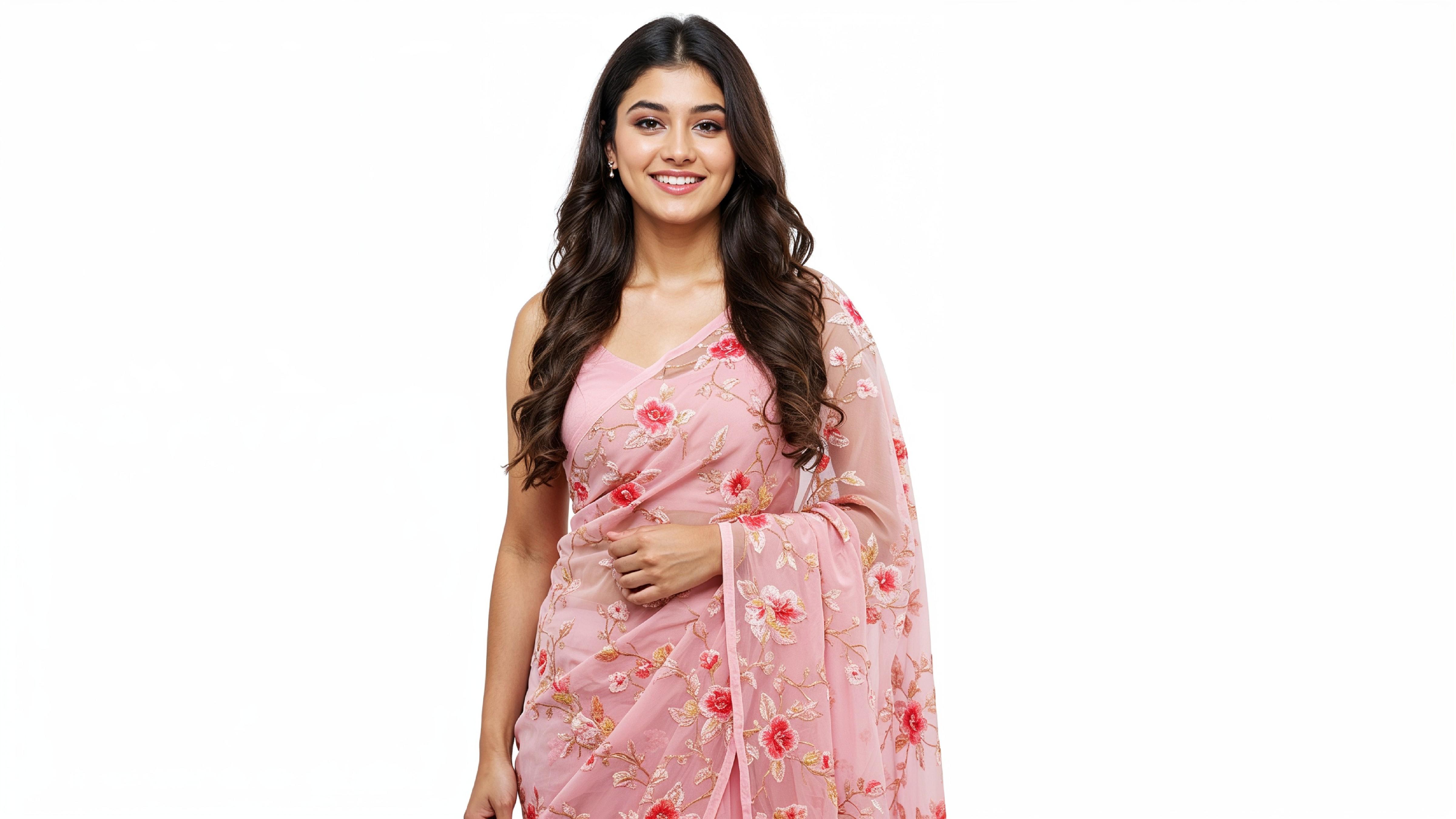 Beautiful Indian Woman Wearing Traditional Saree in Studio Portrait
