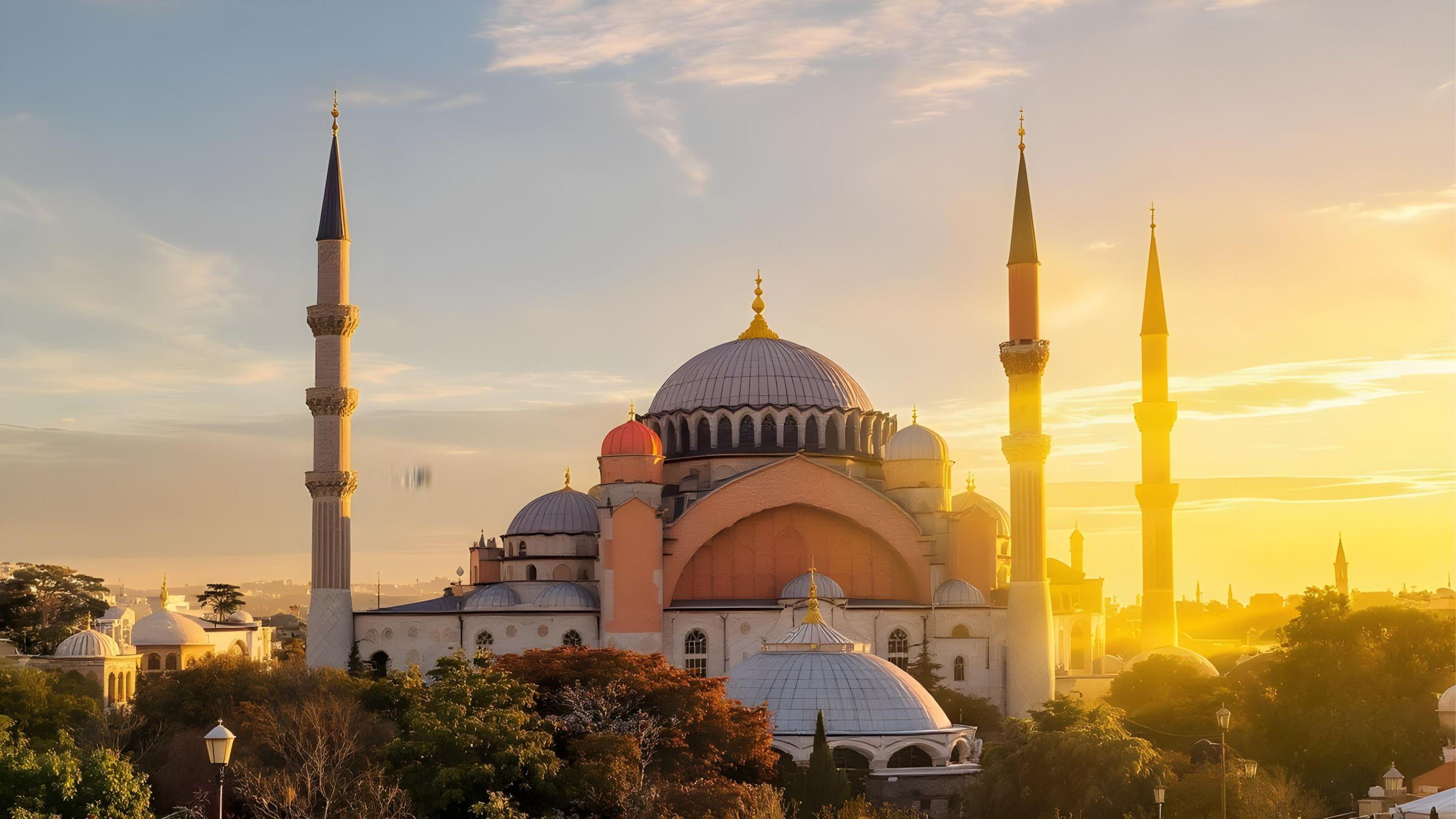 Beautiful Islamic Mosque at Sunset with Majestic Minarets and Golden Sky