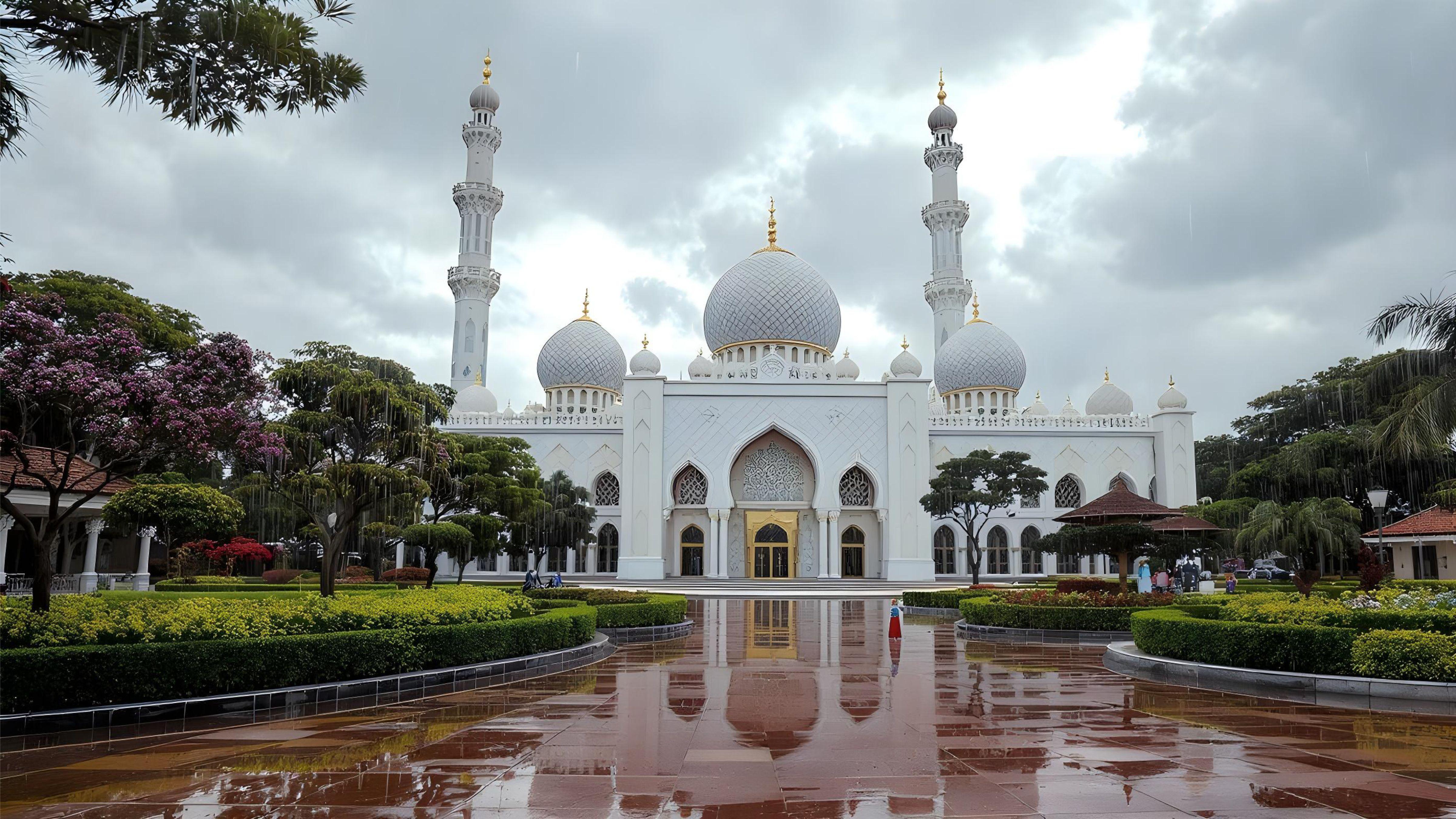 Beautiful Islamic Mosque on Rainy Day with Reflections and Elegant Architecture