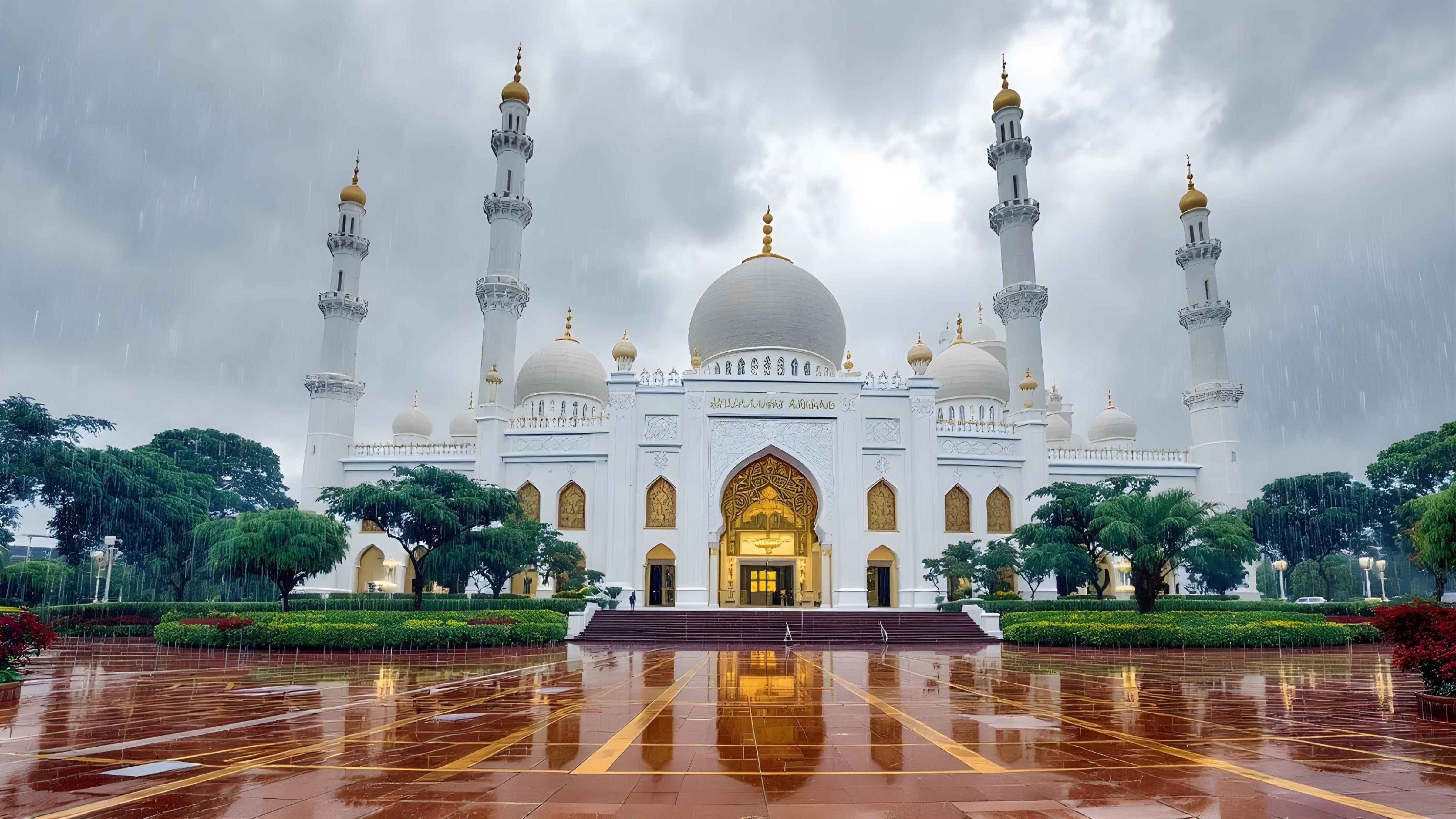 Beautiful Islamic Mosque on Rainy Day with Reflections and Elegant Architecture