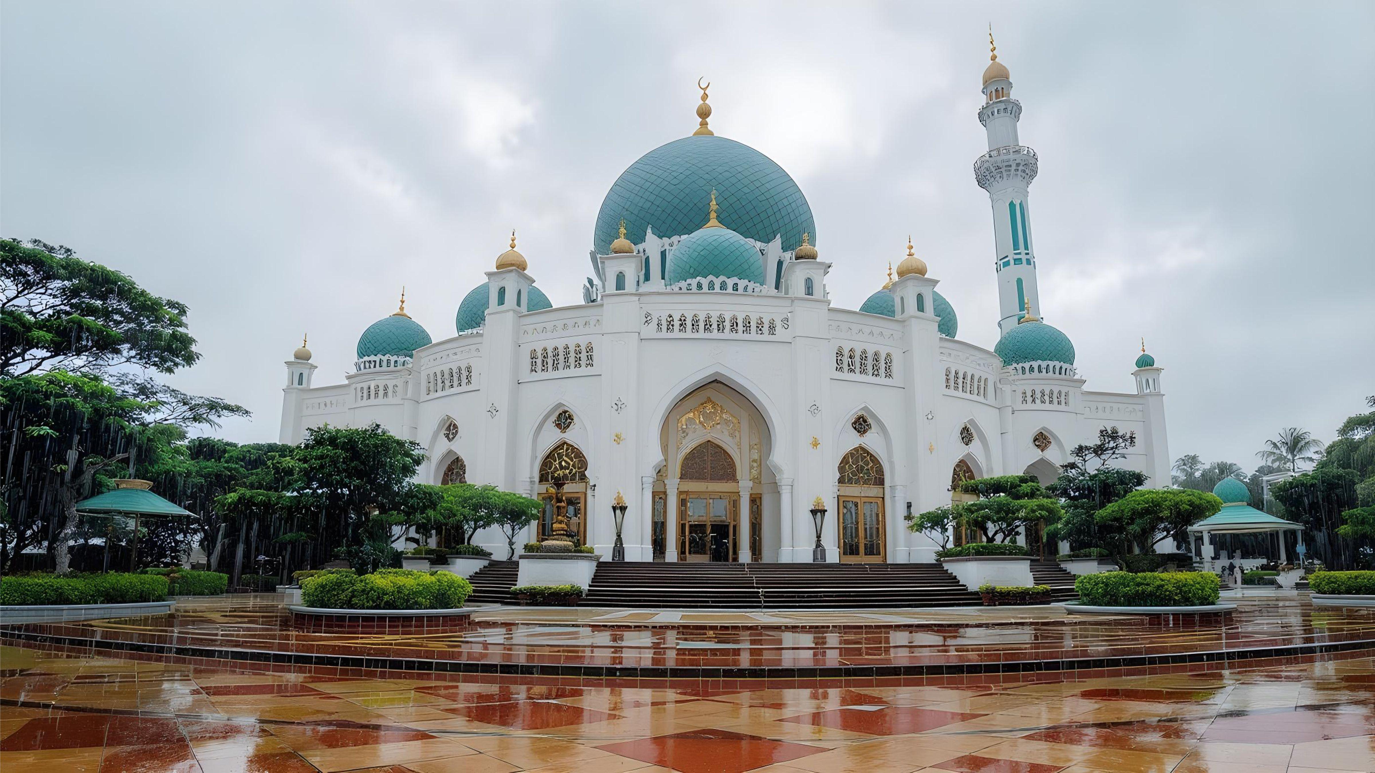 Beautiful Islamic Mosque on Rainy Day with Reflections and Elegant Architecture