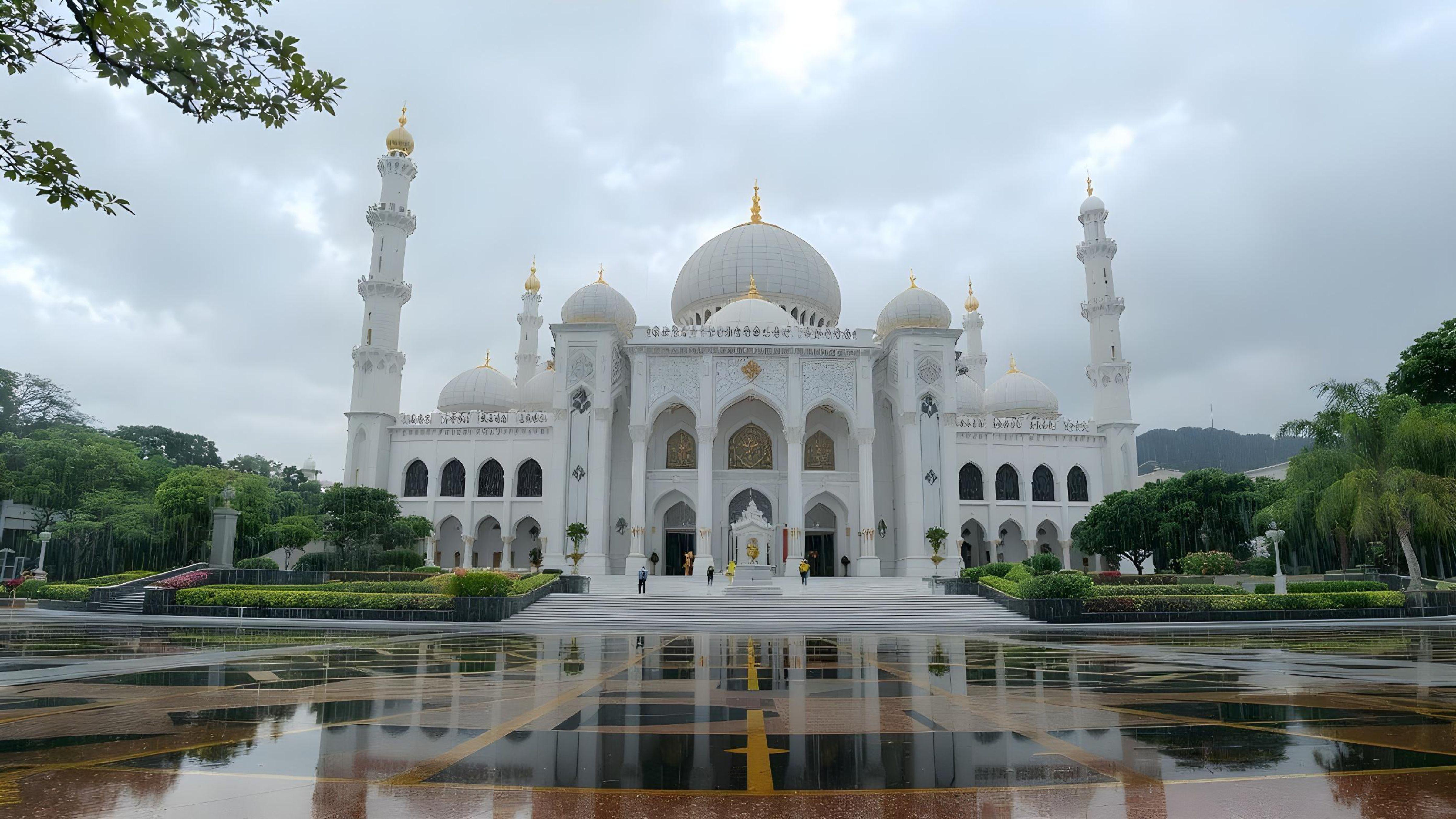 Beautiful Islamic Mosque on Rainy Day with Reflections and Elegant Architecture