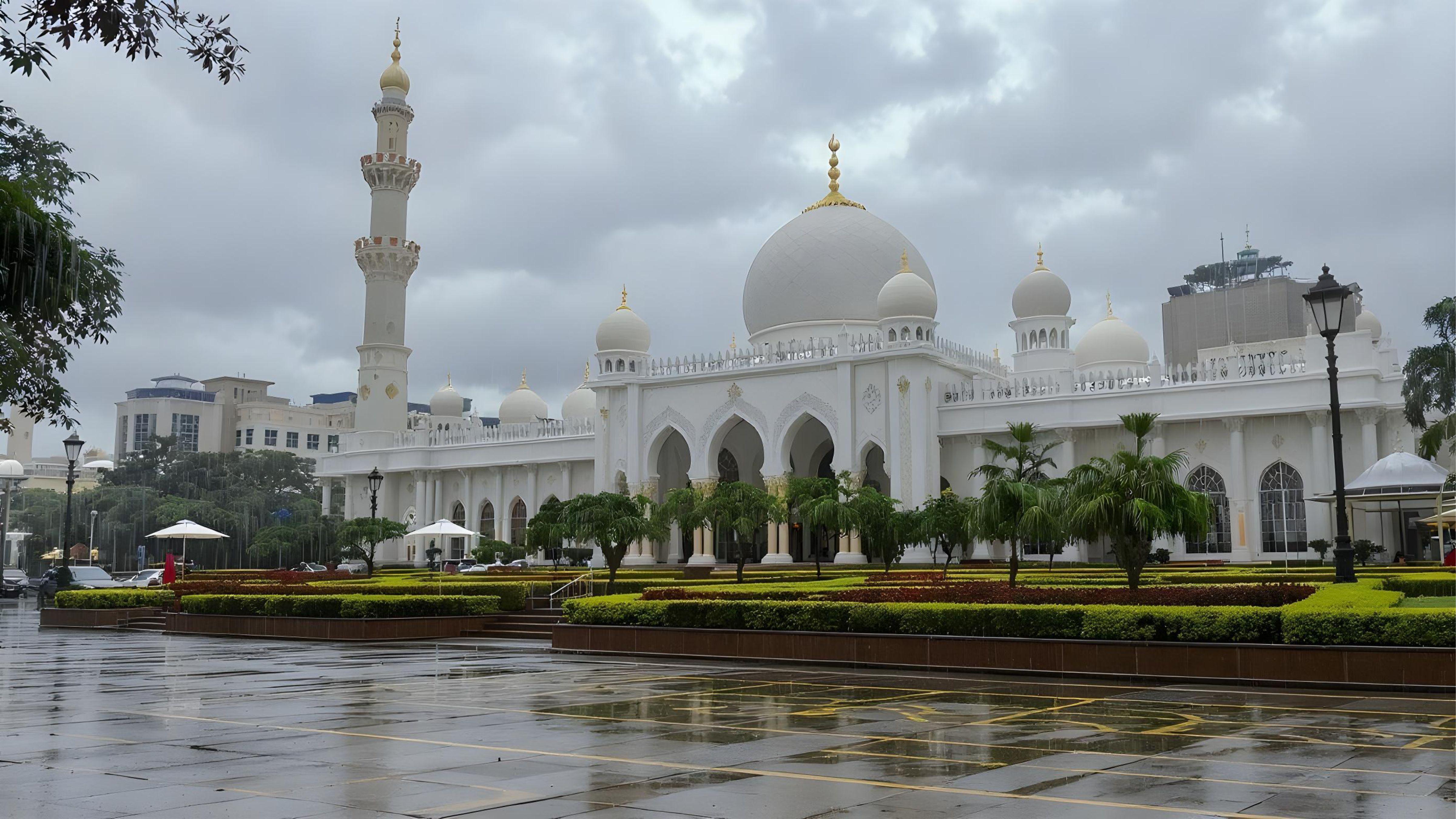 Beautiful Islamic Mosque on Rainy Day with Reflections and Elegant Architecture