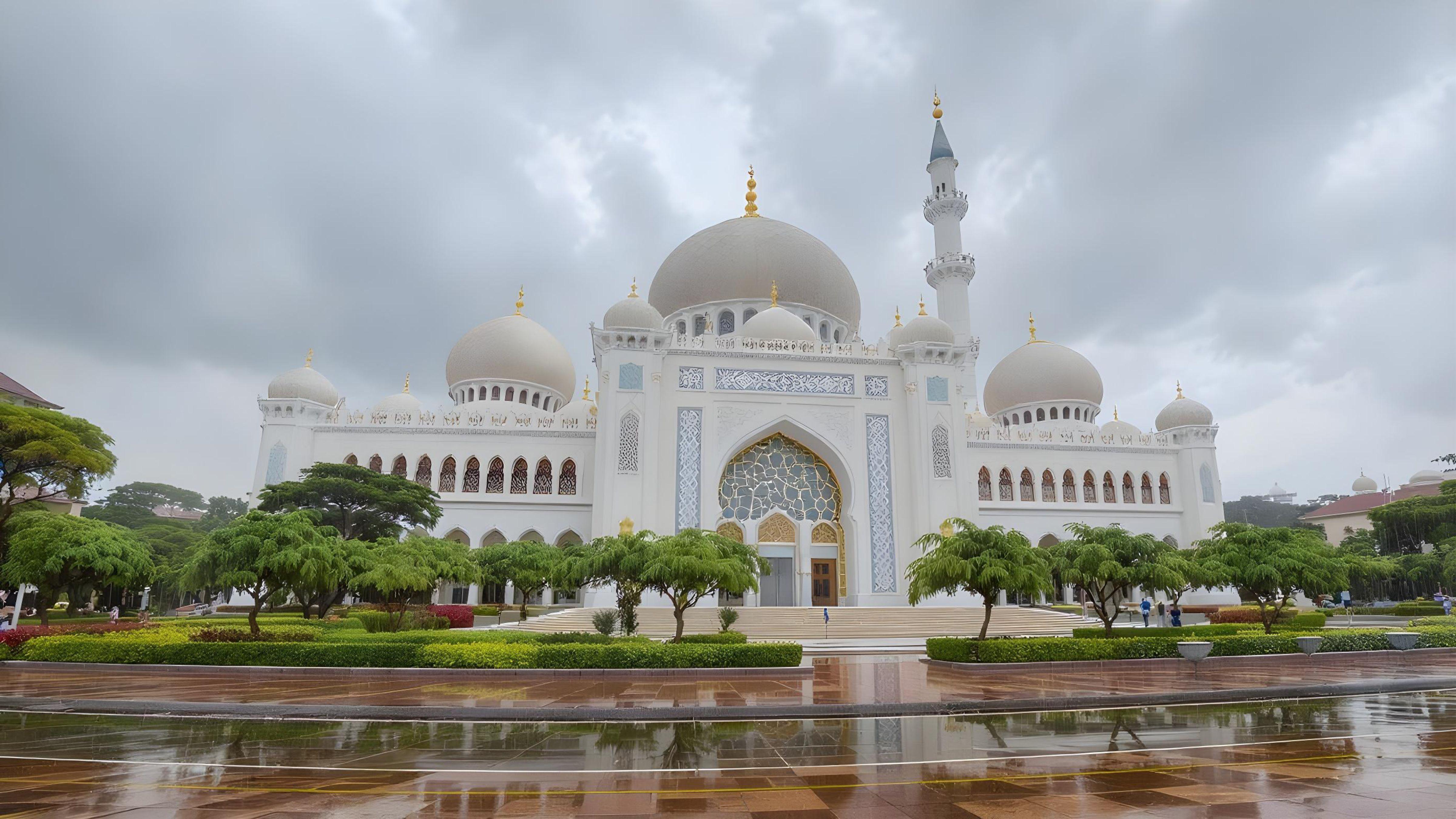 Beautiful Islamic Mosque on Rainy Day with Reflections and Elegant Architecture
