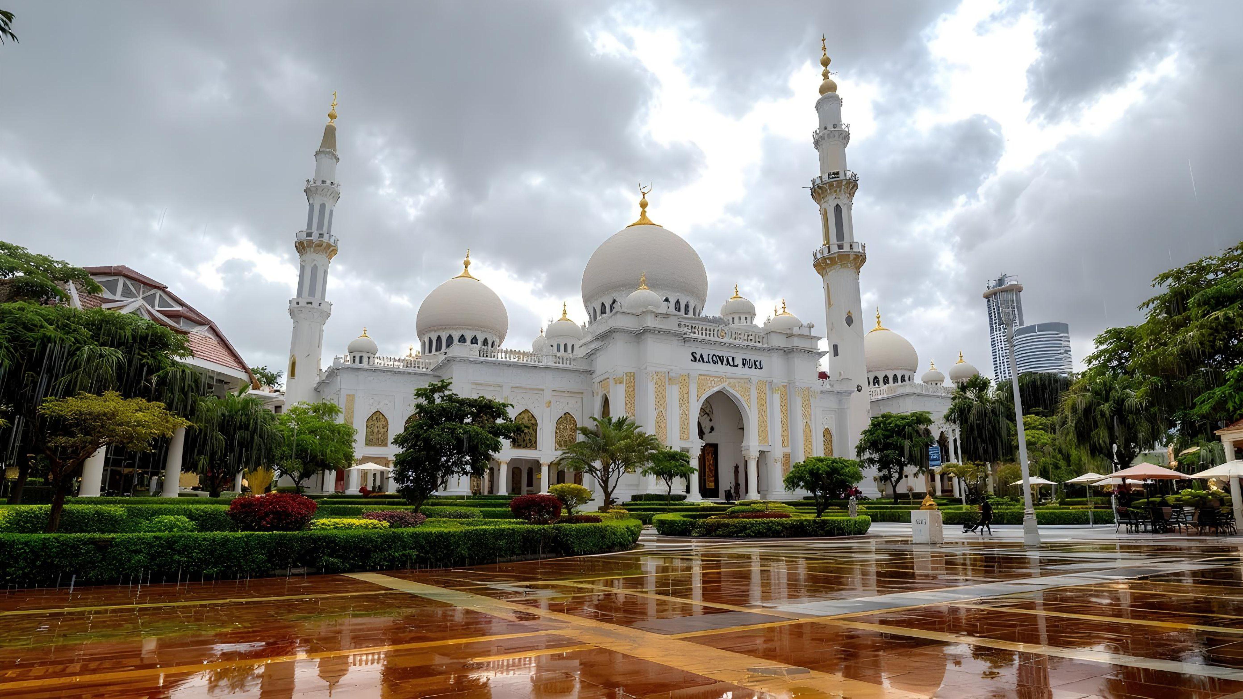 Beautiful Islamic Mosque on Rainy Day with Reflections and Elegant Architecture