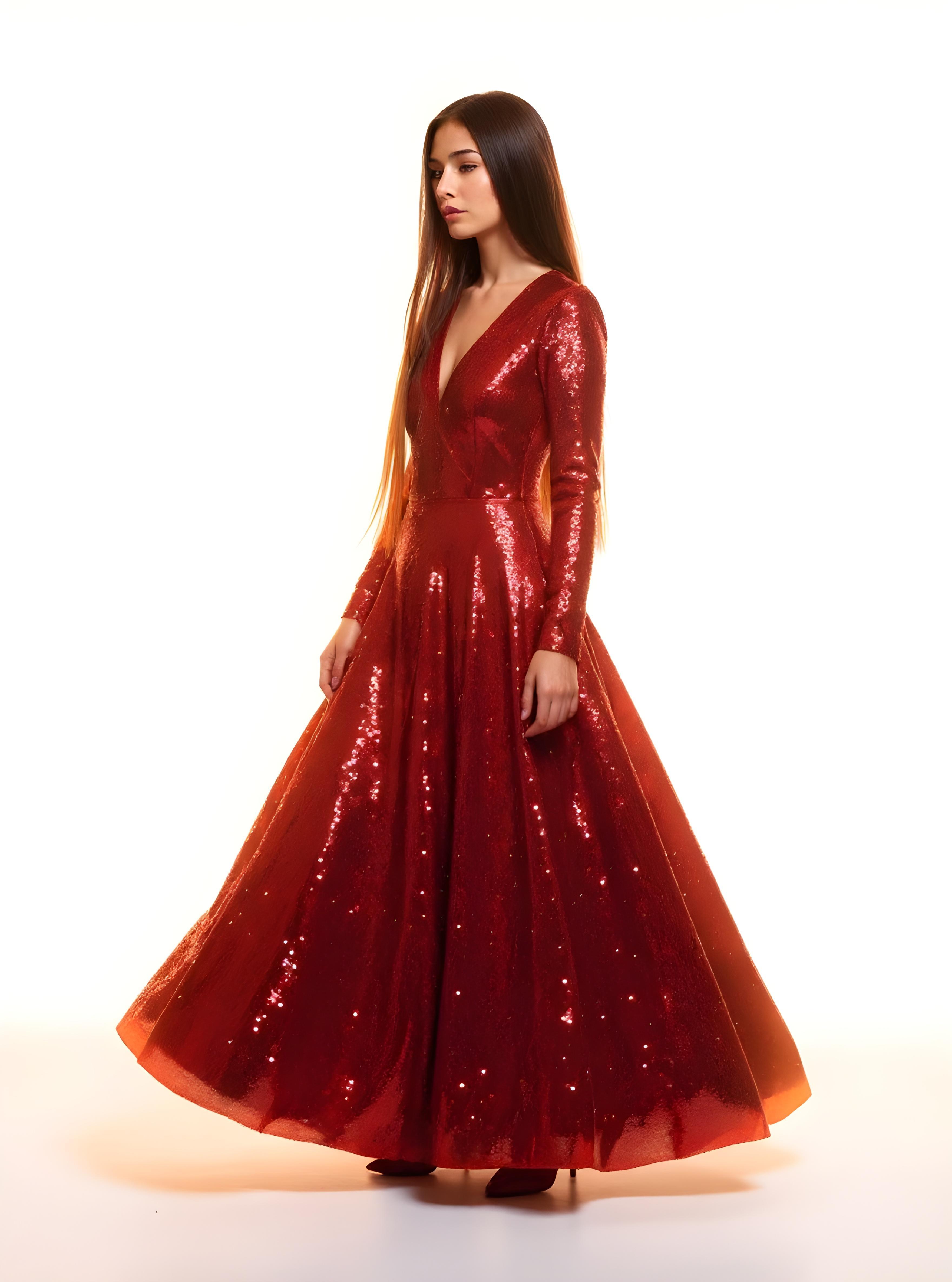 Beautiful Woman Wearing Elegant Red Evening Dress Isolated on White Background