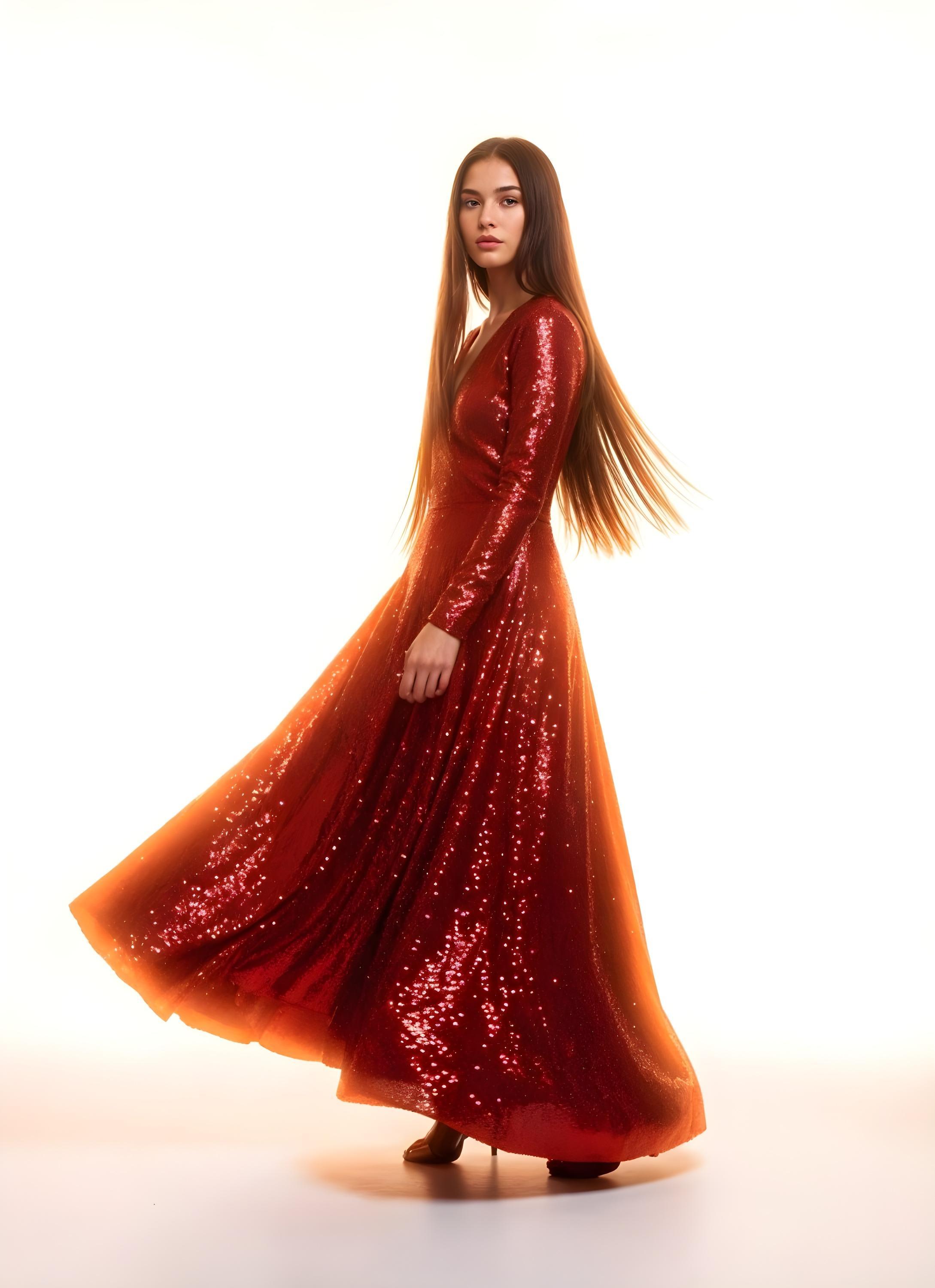 Beautiful Woman Wearing Elegant Red Evening Dress Isolated on White Background
