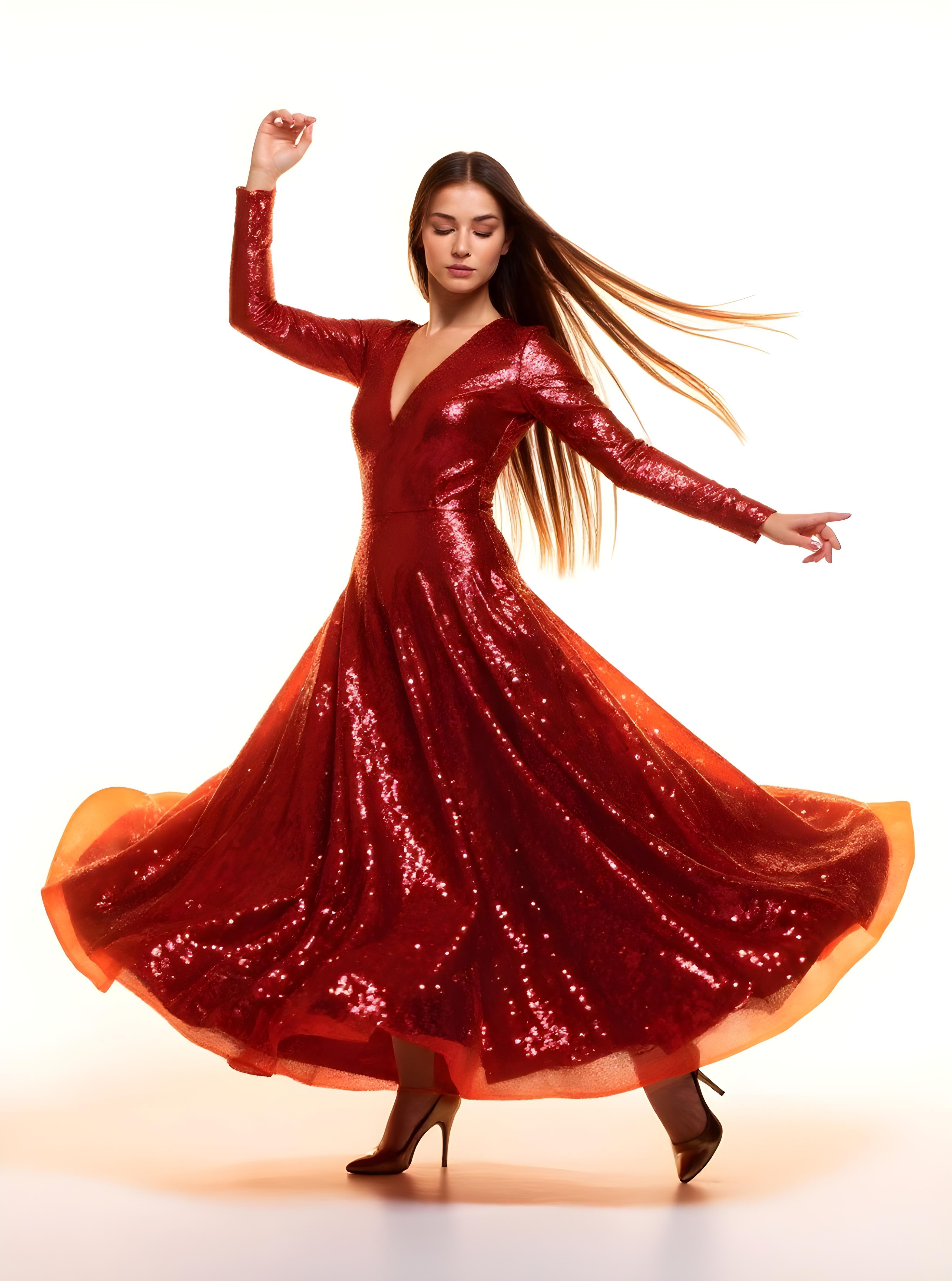 Beautiful Woman Wearing Elegant Red Evening Dress Isolated on White Background
