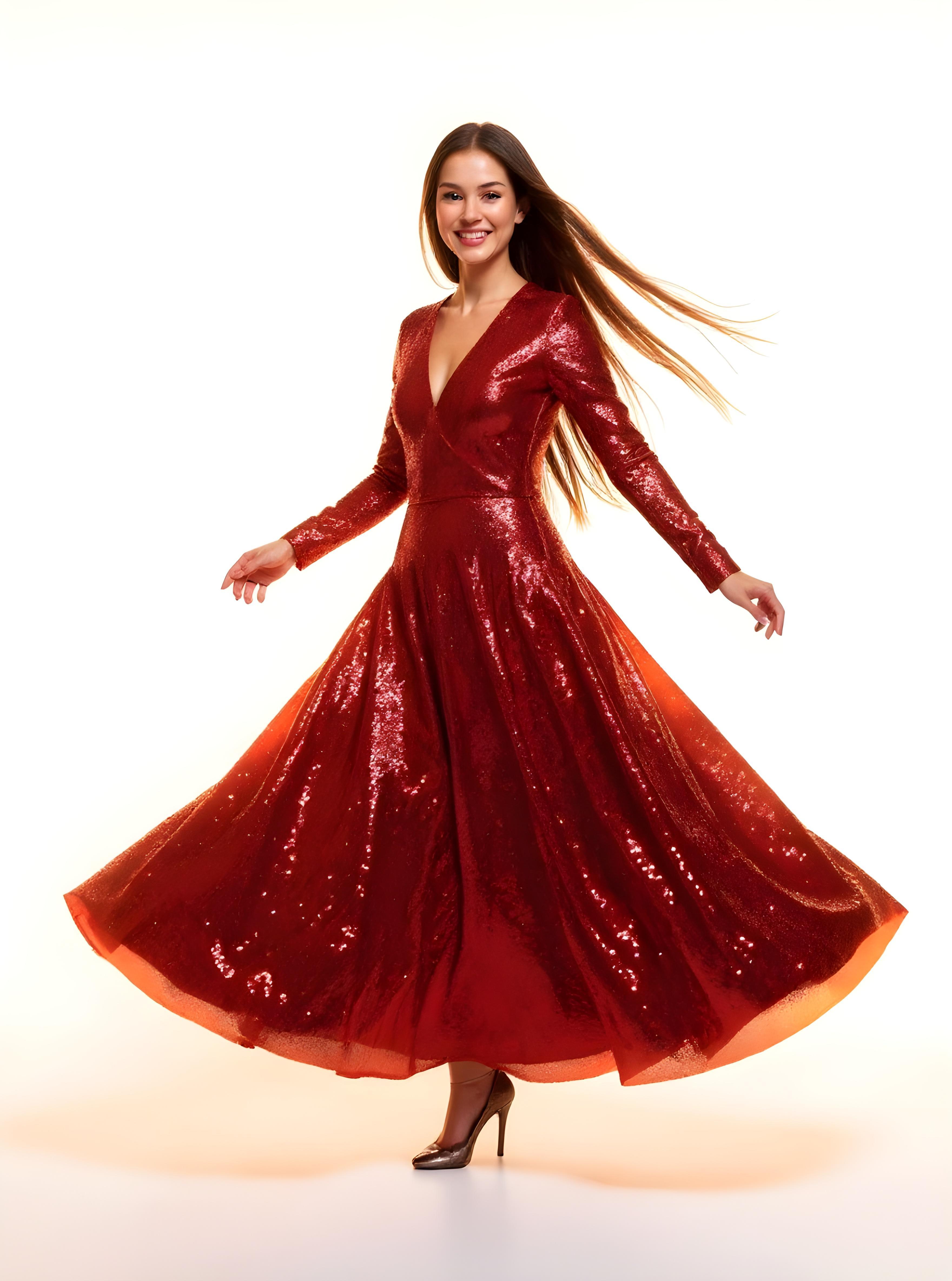 Beautiful Woman Wearing Elegant Red Evening Dress Isolated on White Background