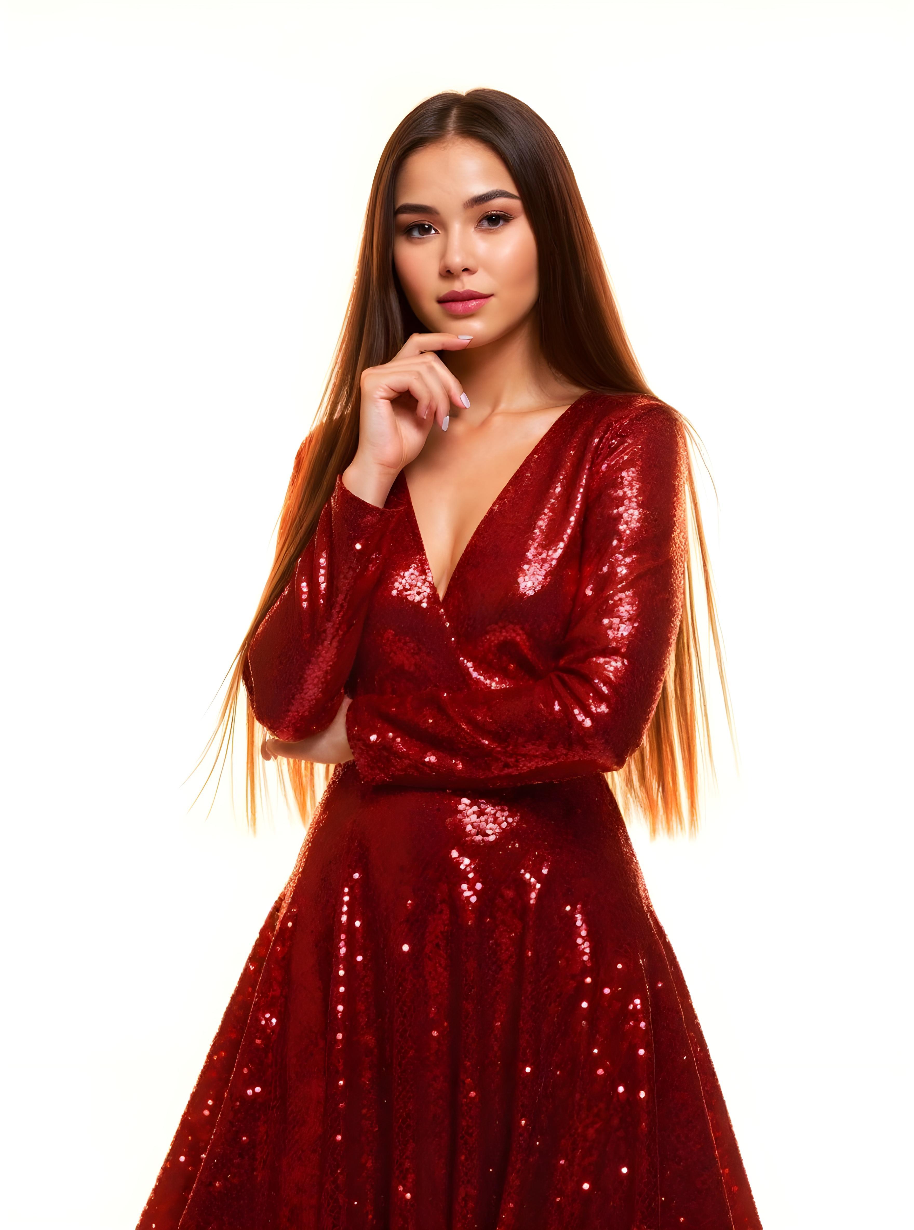Beautiful Woman Wearing Elegant Red Evening Dress Isolated on White Background