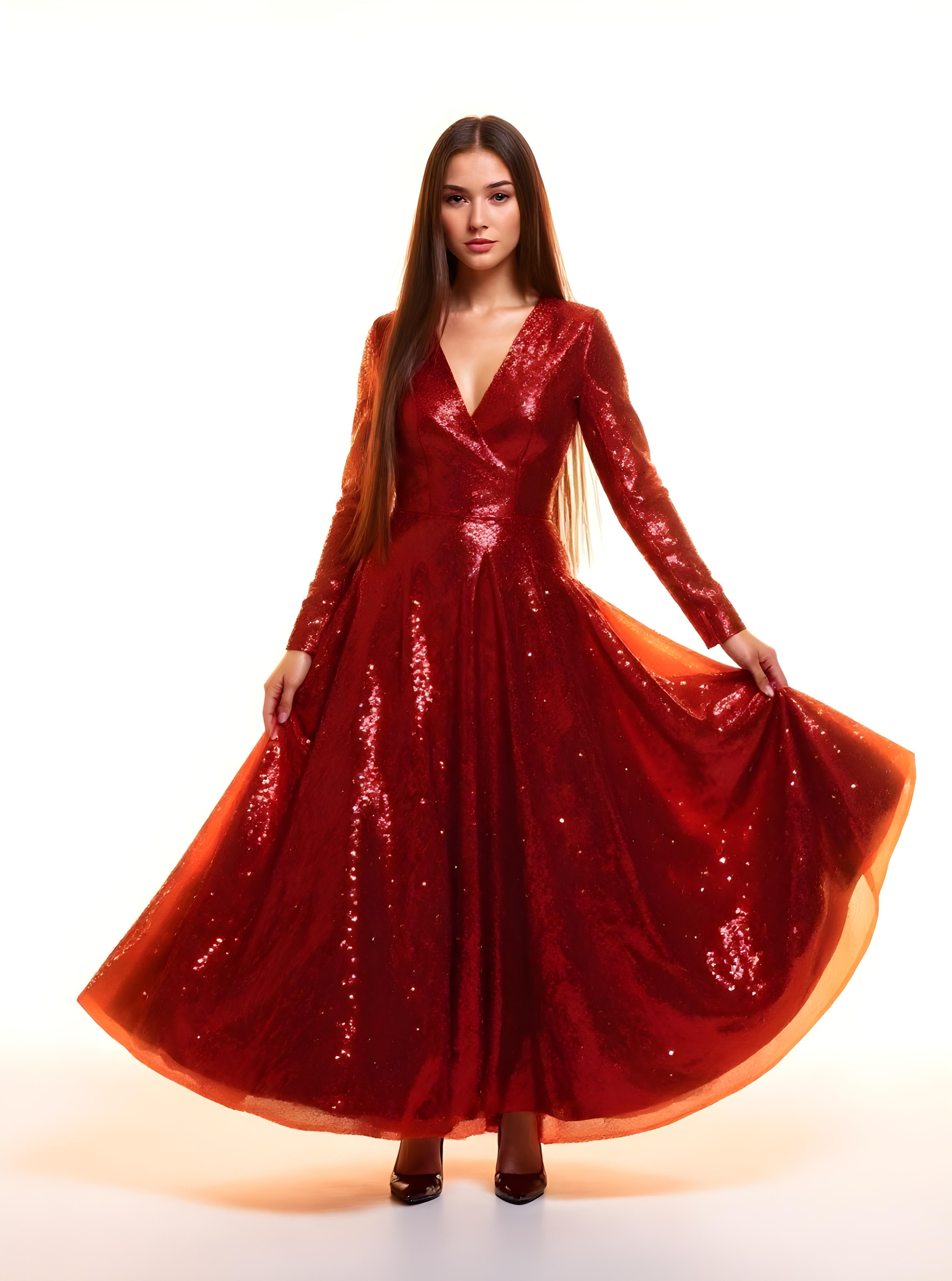 Beautiful Woman Wearing Elegant Red Evening Dress Isolated on White Background