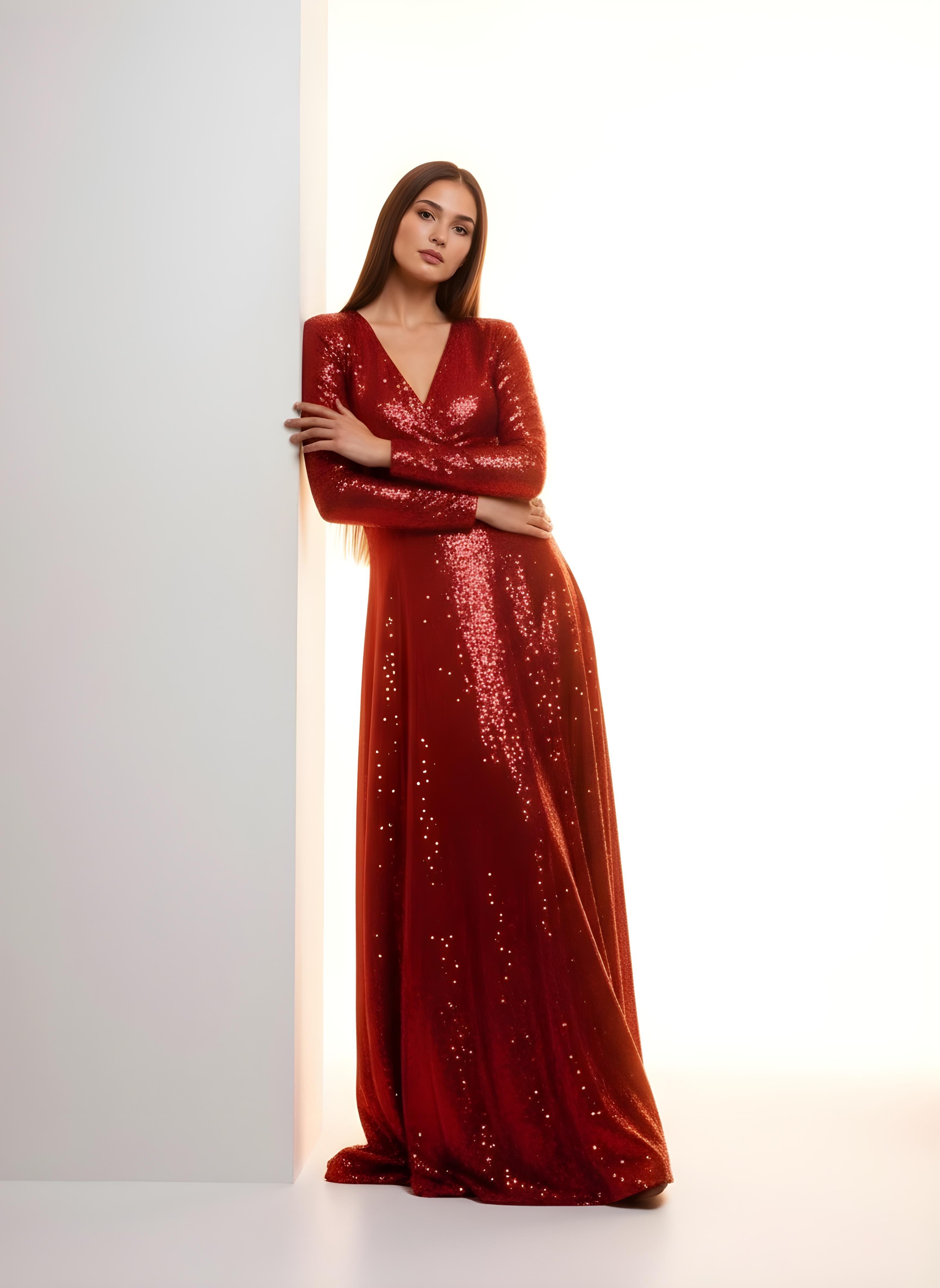 Beautiful Woman Wearing Elegant Red Evening Dress Isolated on White Background