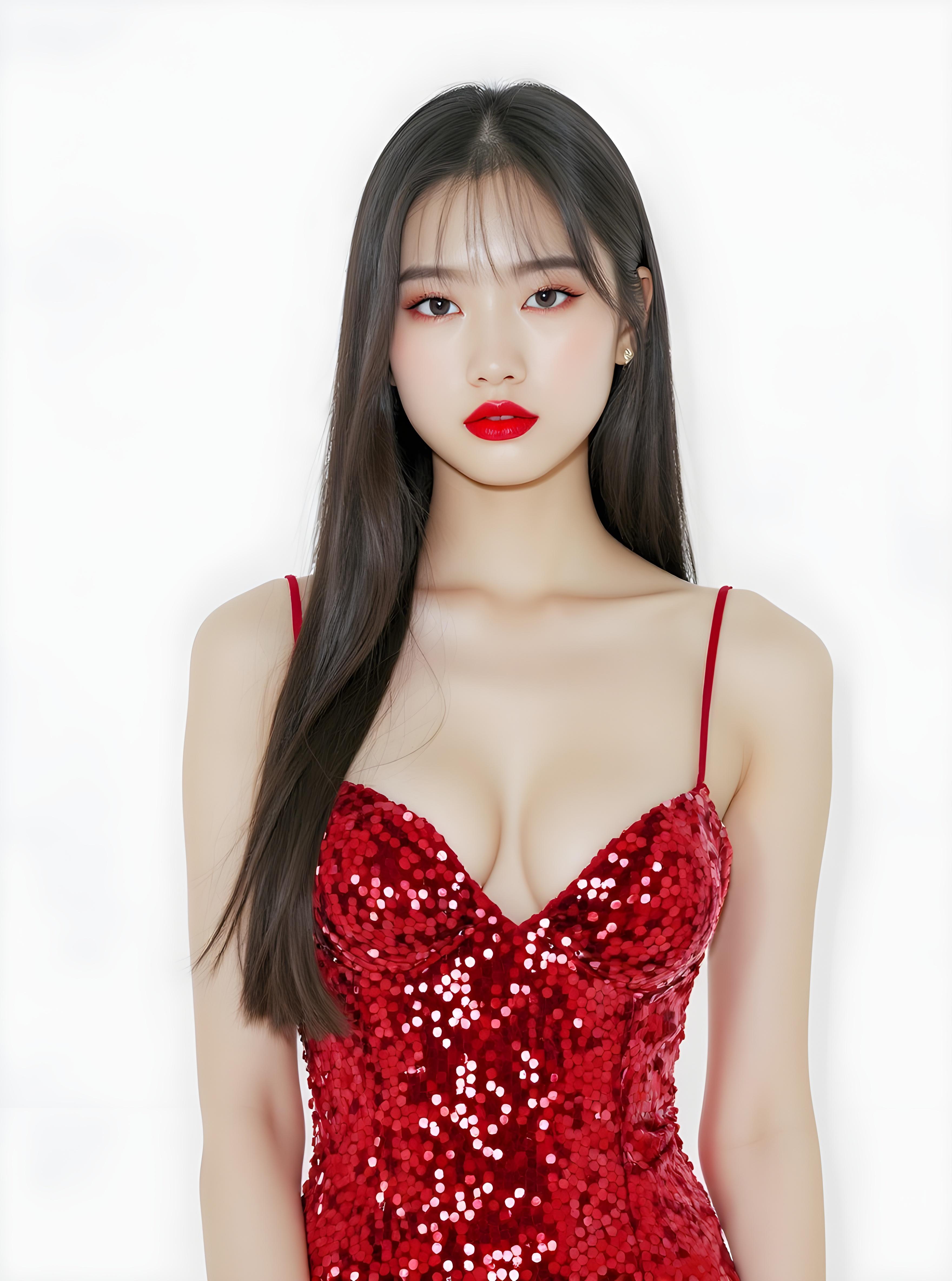 Beautiful Woman Wearing Elegant Red Evening Dress Isolated on White Background