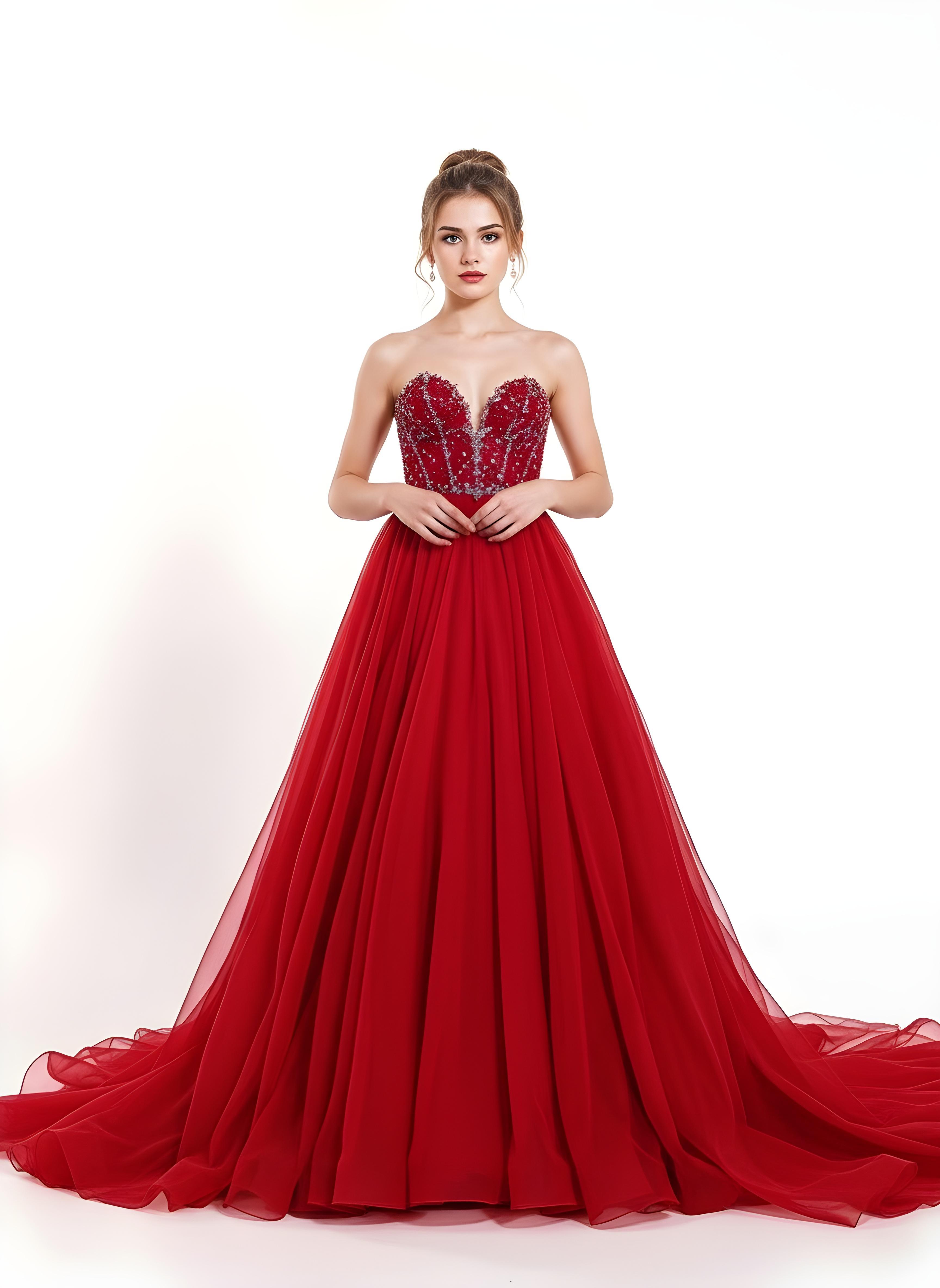 Beautiful Young Girl Wearing Elegant Red Party Dress Isolated on White Background