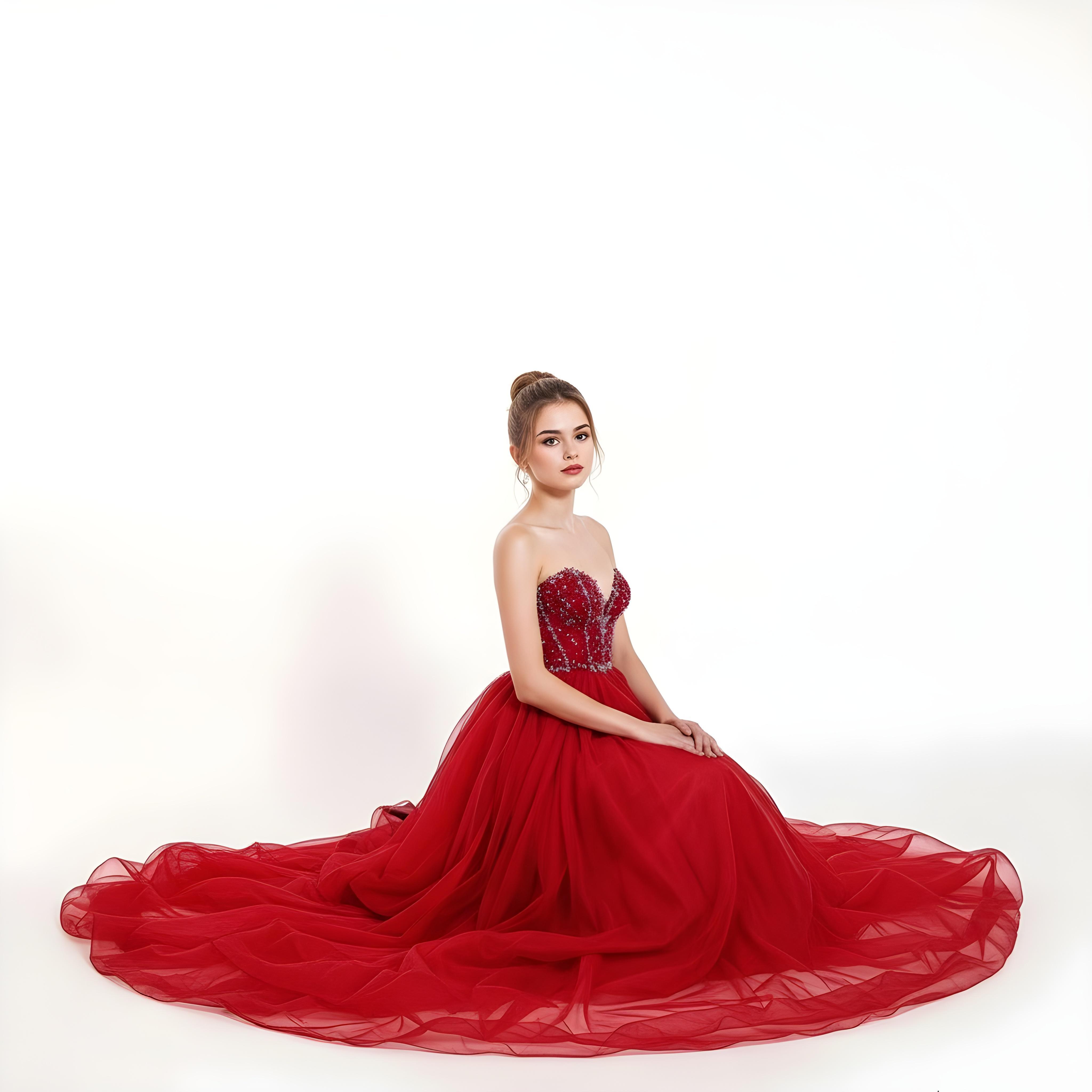 Beautiful Young Girl Wearing Elegant Red Party Dress Isolated on White Background