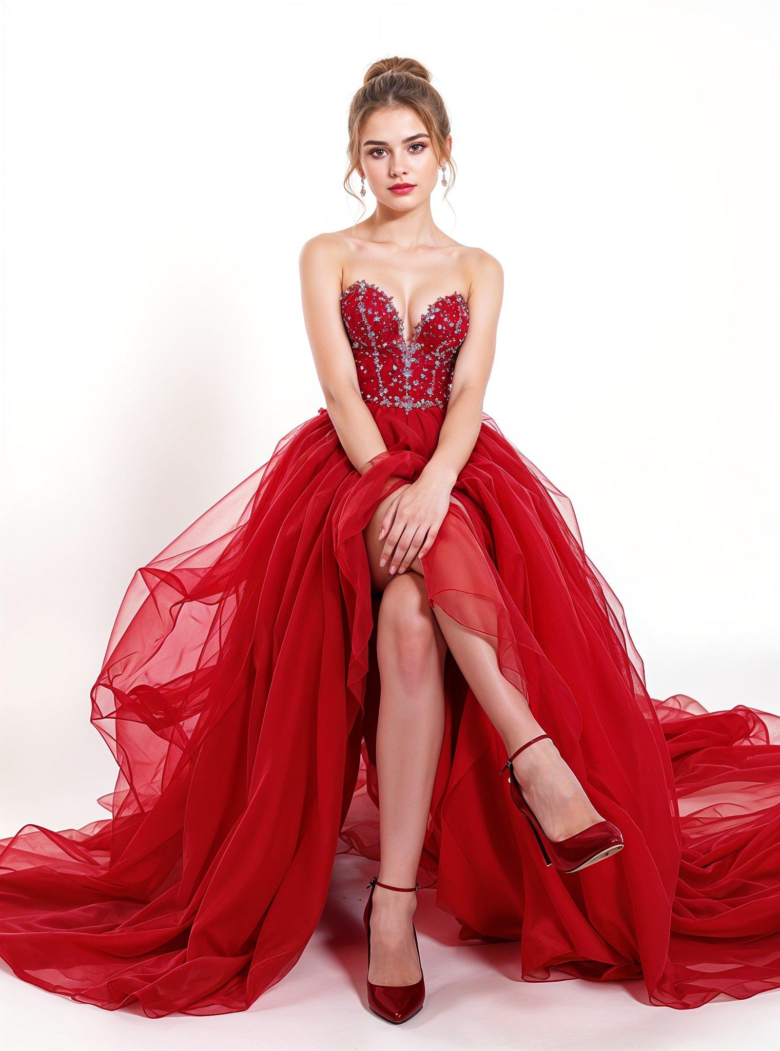 Beautiful Young Girl Wearing Elegant Red Party Dress Isolated on White Background