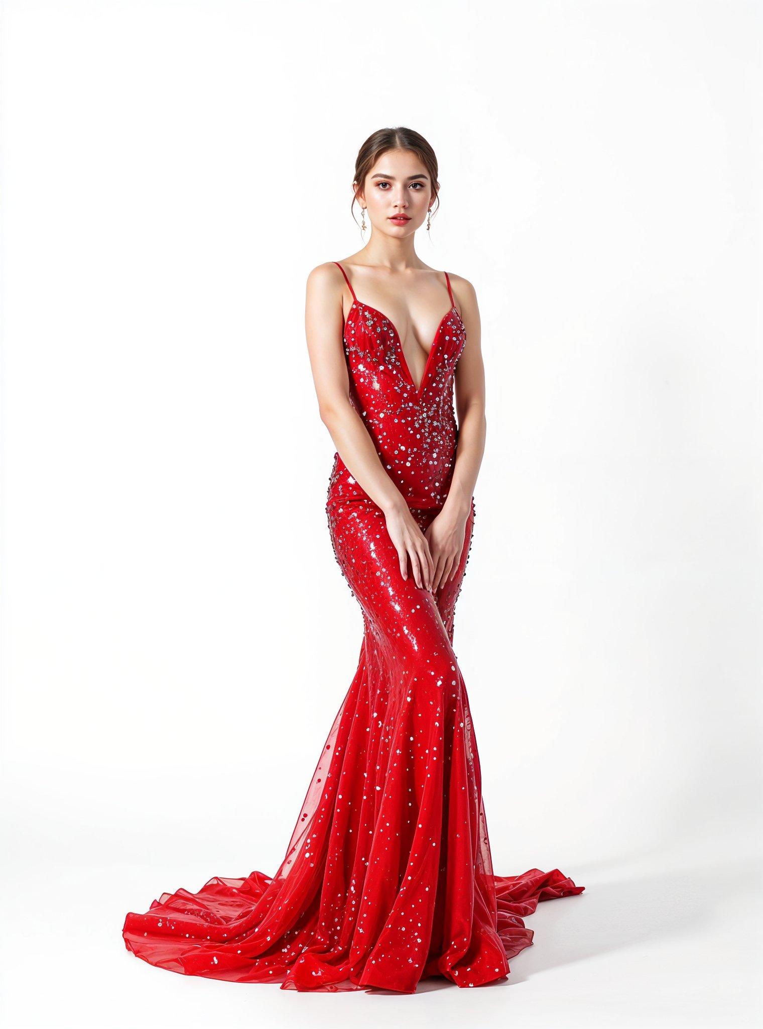 Beautiful Young Girl Wearing Elegant Red Party Dress Isolated on White Background