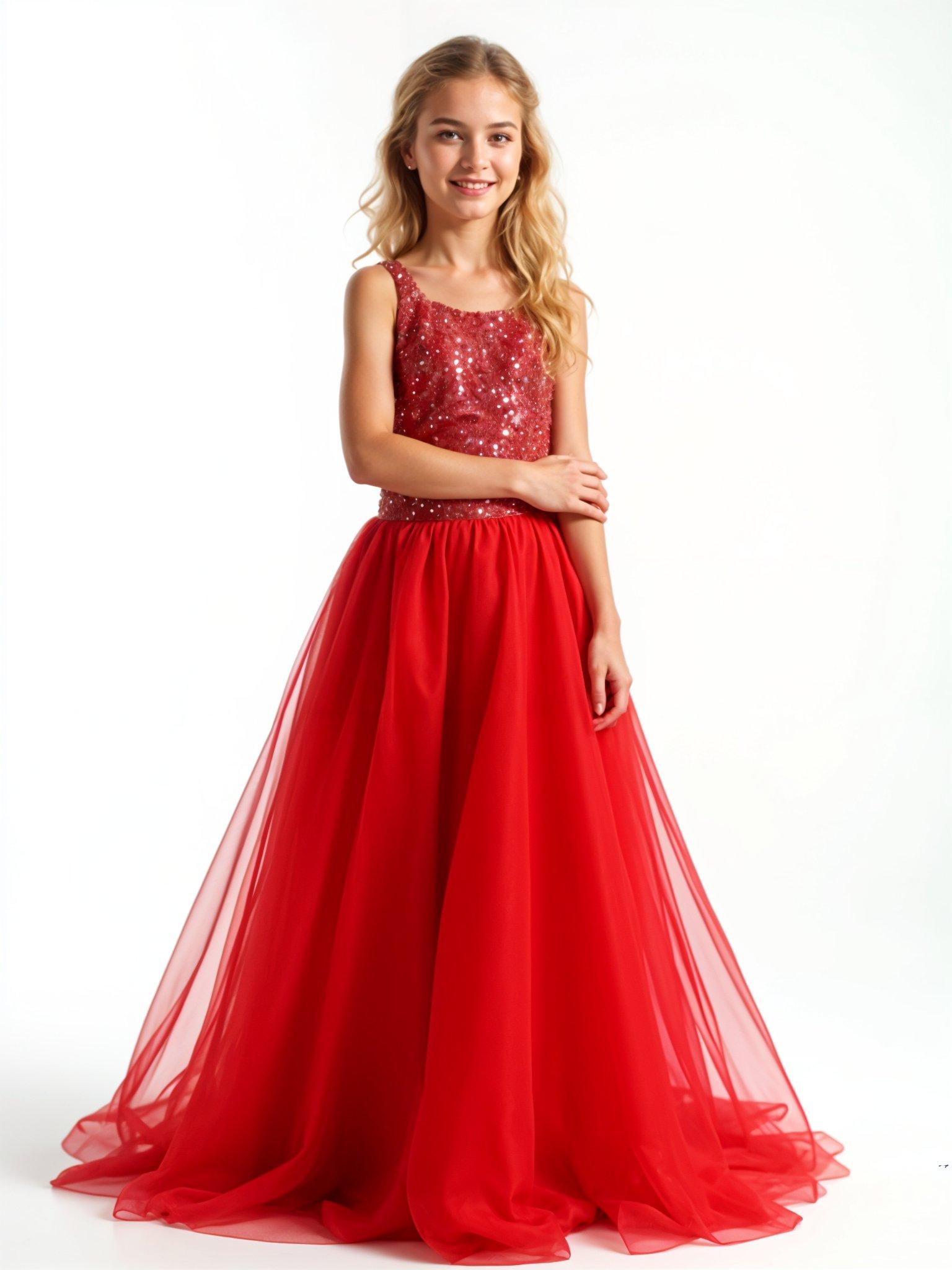 Beautiful Young Girl Wearing Elegant Red Party Dress Isolated on White Background