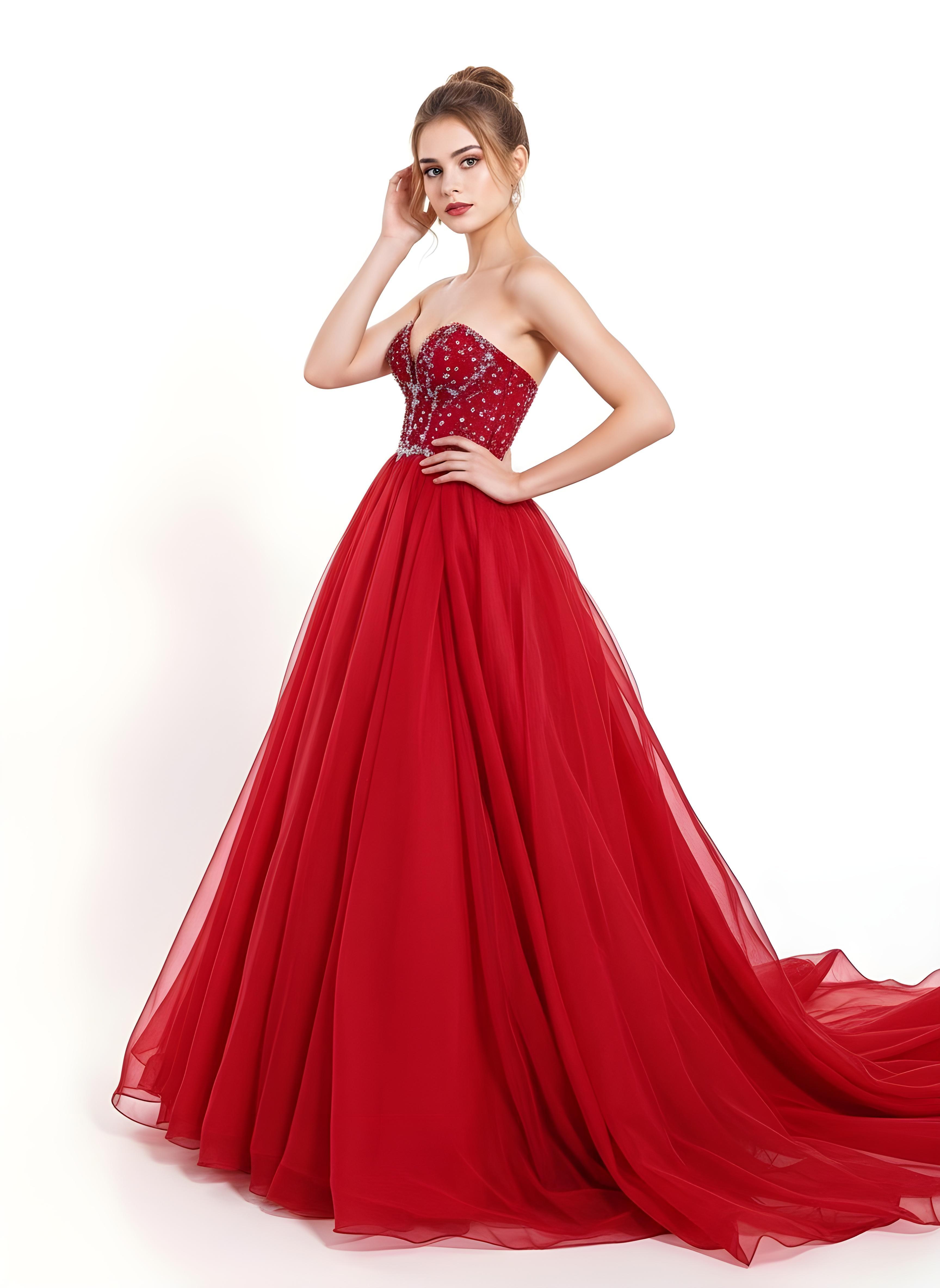 Beautiful Young Girl Wearing Elegant Red Party Dress Isolated on White Background