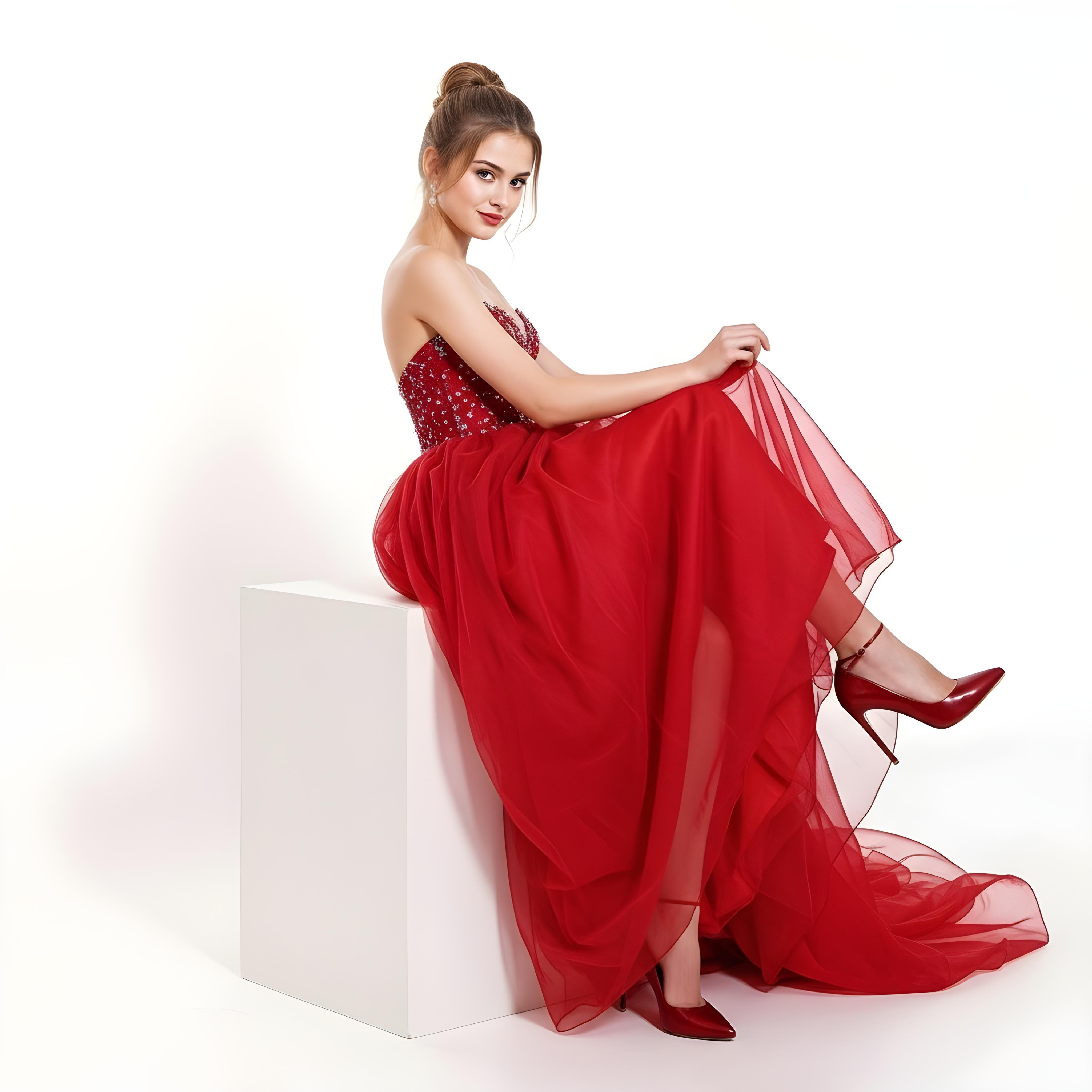 Beautiful Young Girl Wearing Elegant Red Party Dress Isolated on White Background
