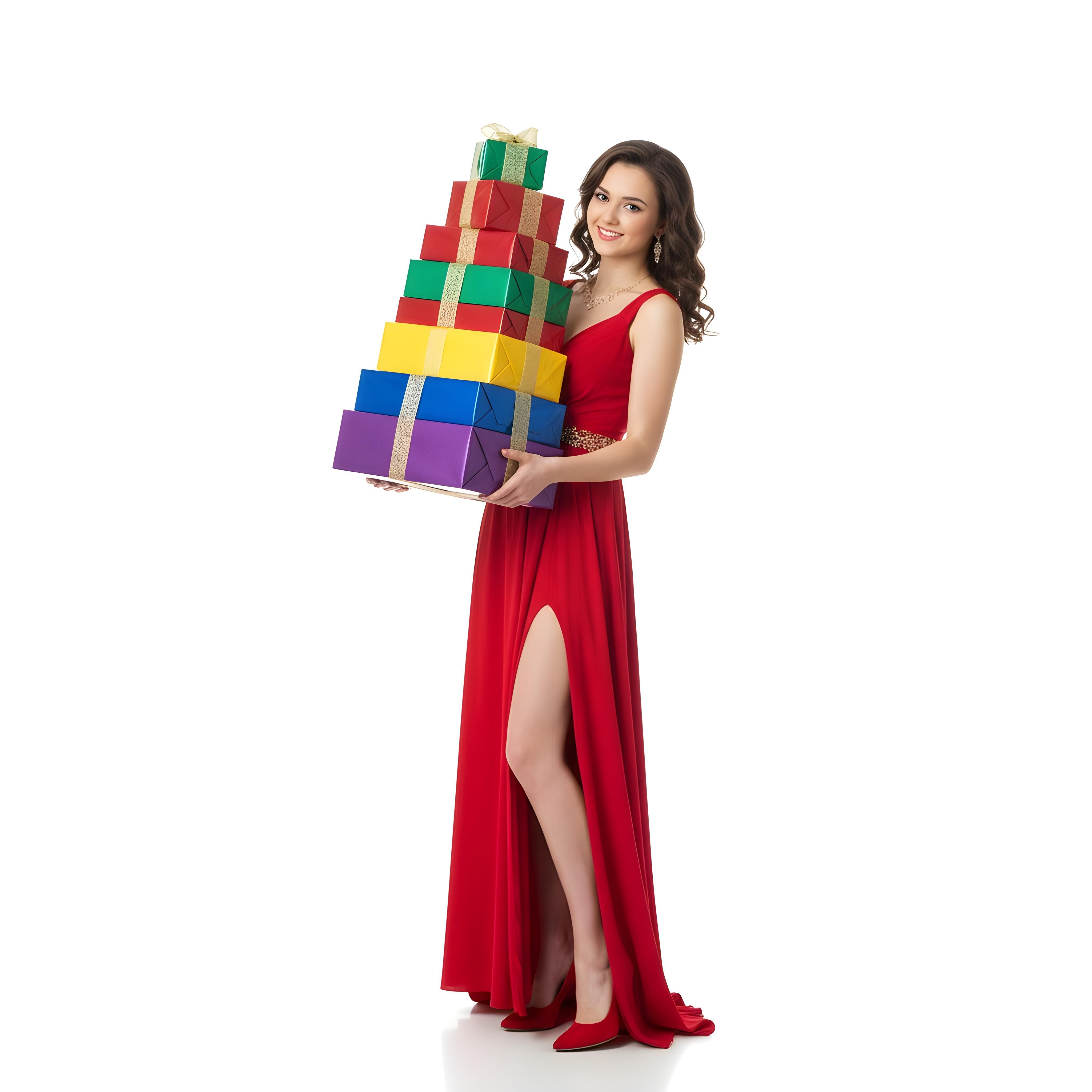 Beautiful Young Woman Holding Colorful Gift Boxes Isolated on White Background