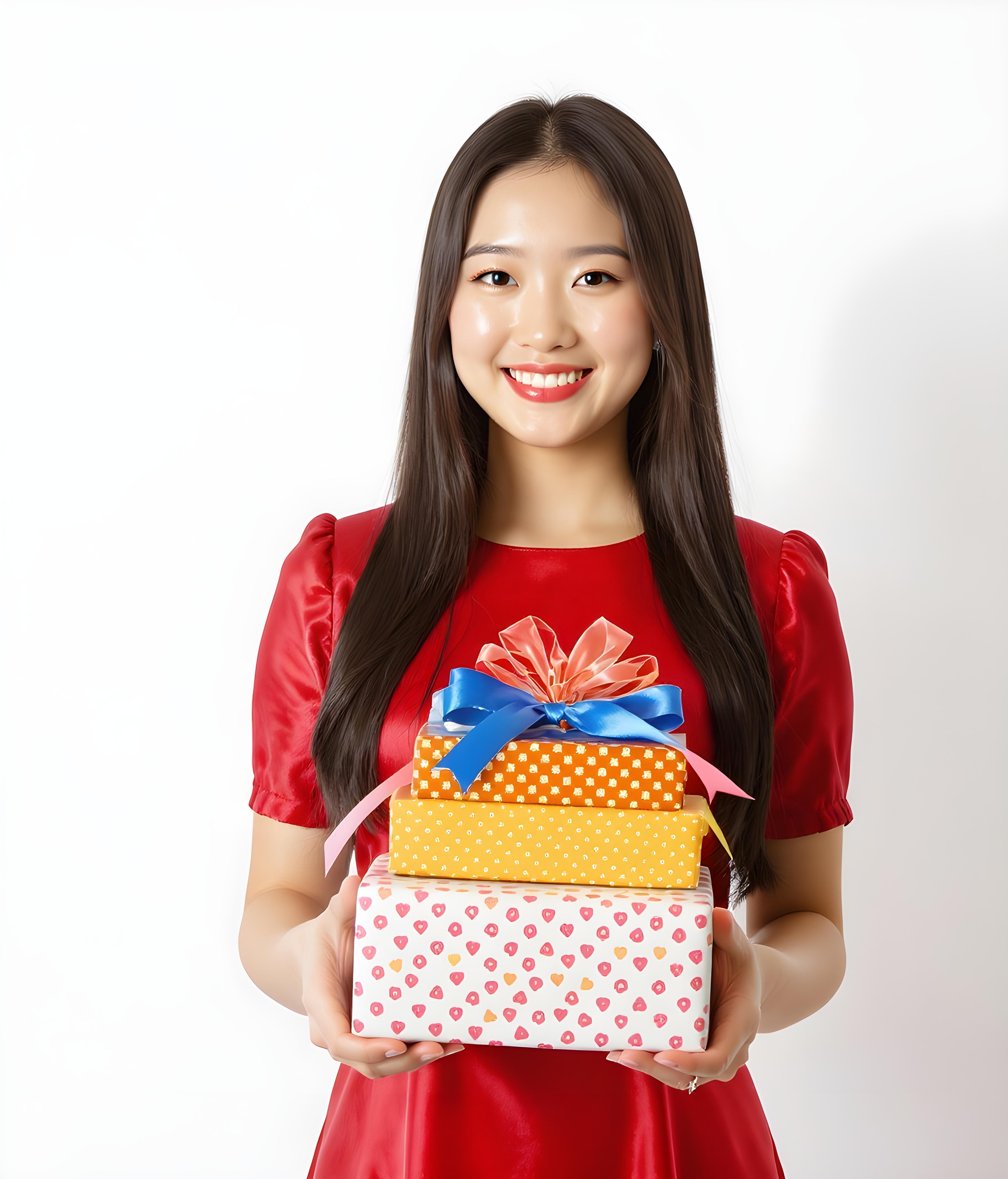 Beautiful Young Woman Holding Colorful Gift Boxes Isolated on White Background
