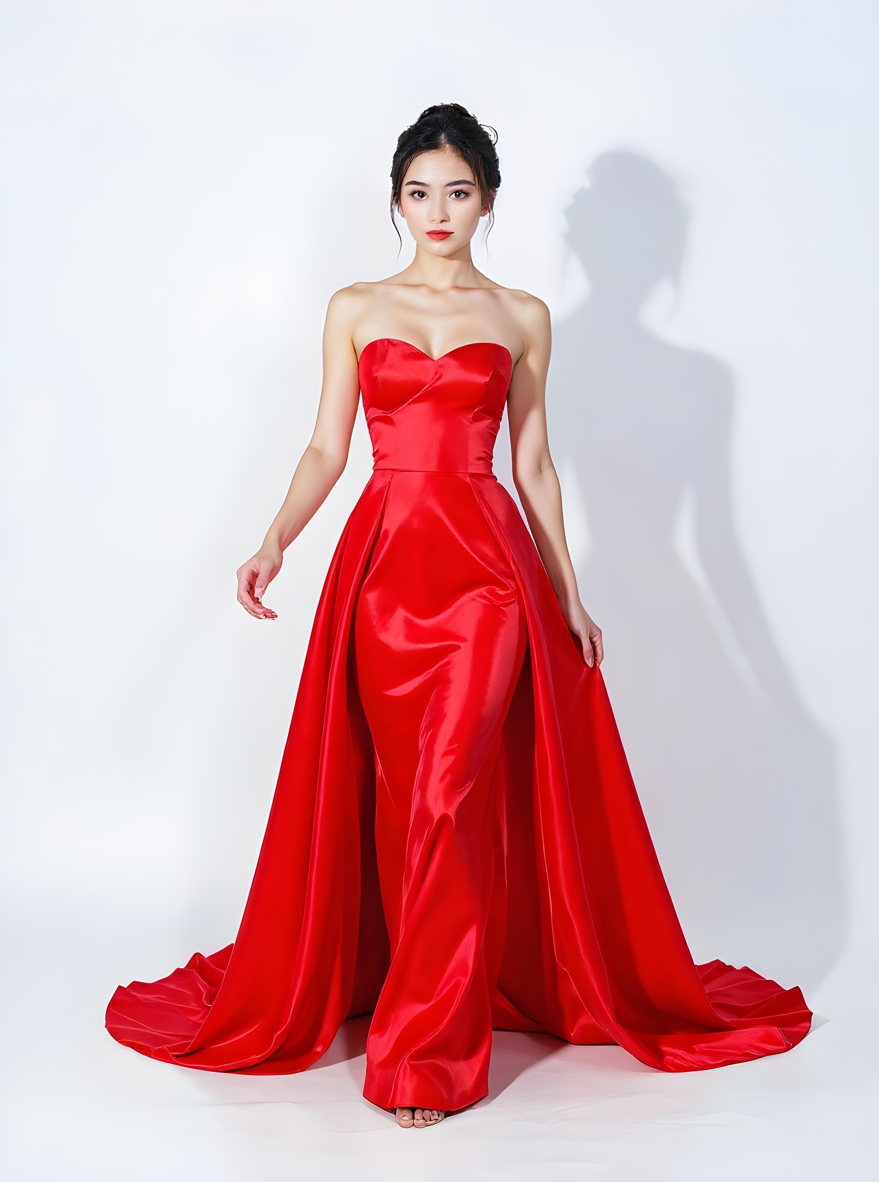 Beautiful Young Woman Wearing Elegant Red Dress Isolated on White Background