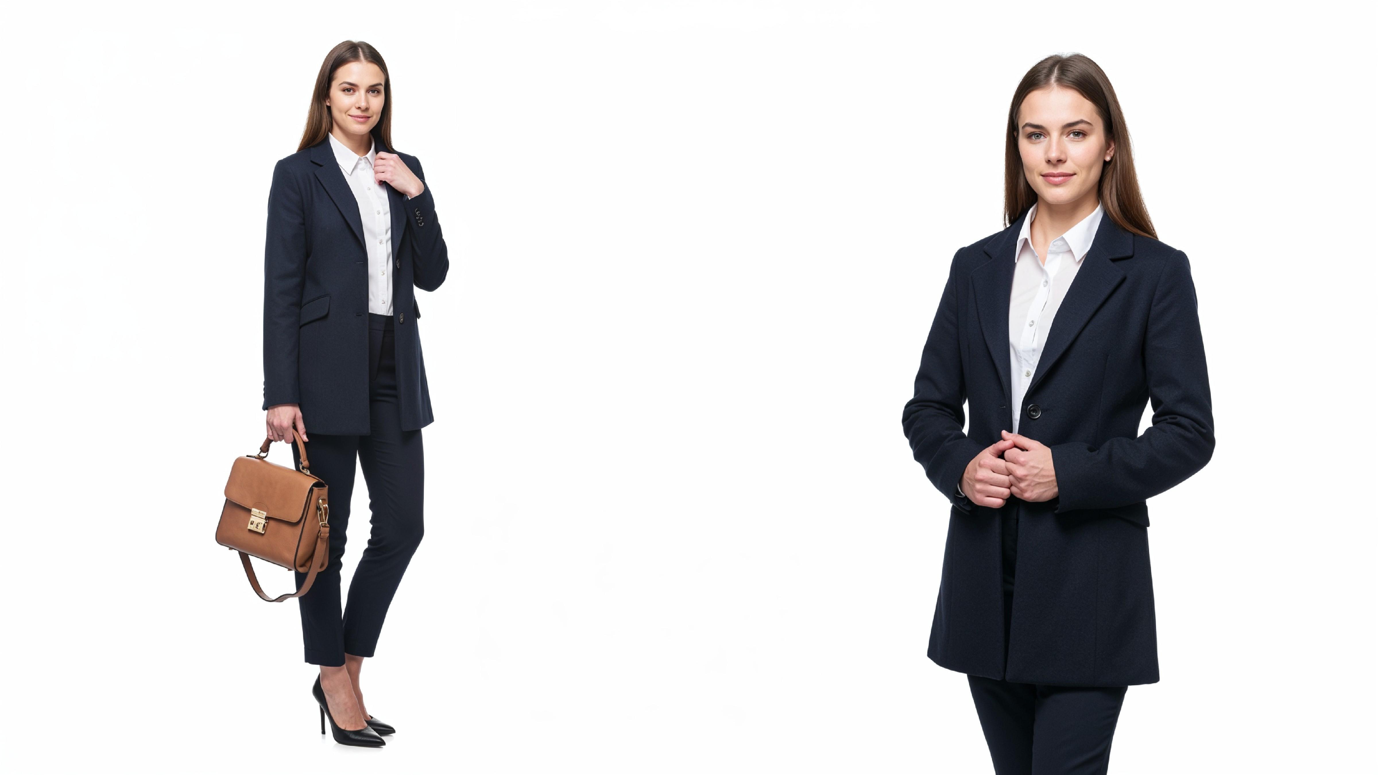 Confident Business Woman in Navy Blue Formal Outfit with Handbag