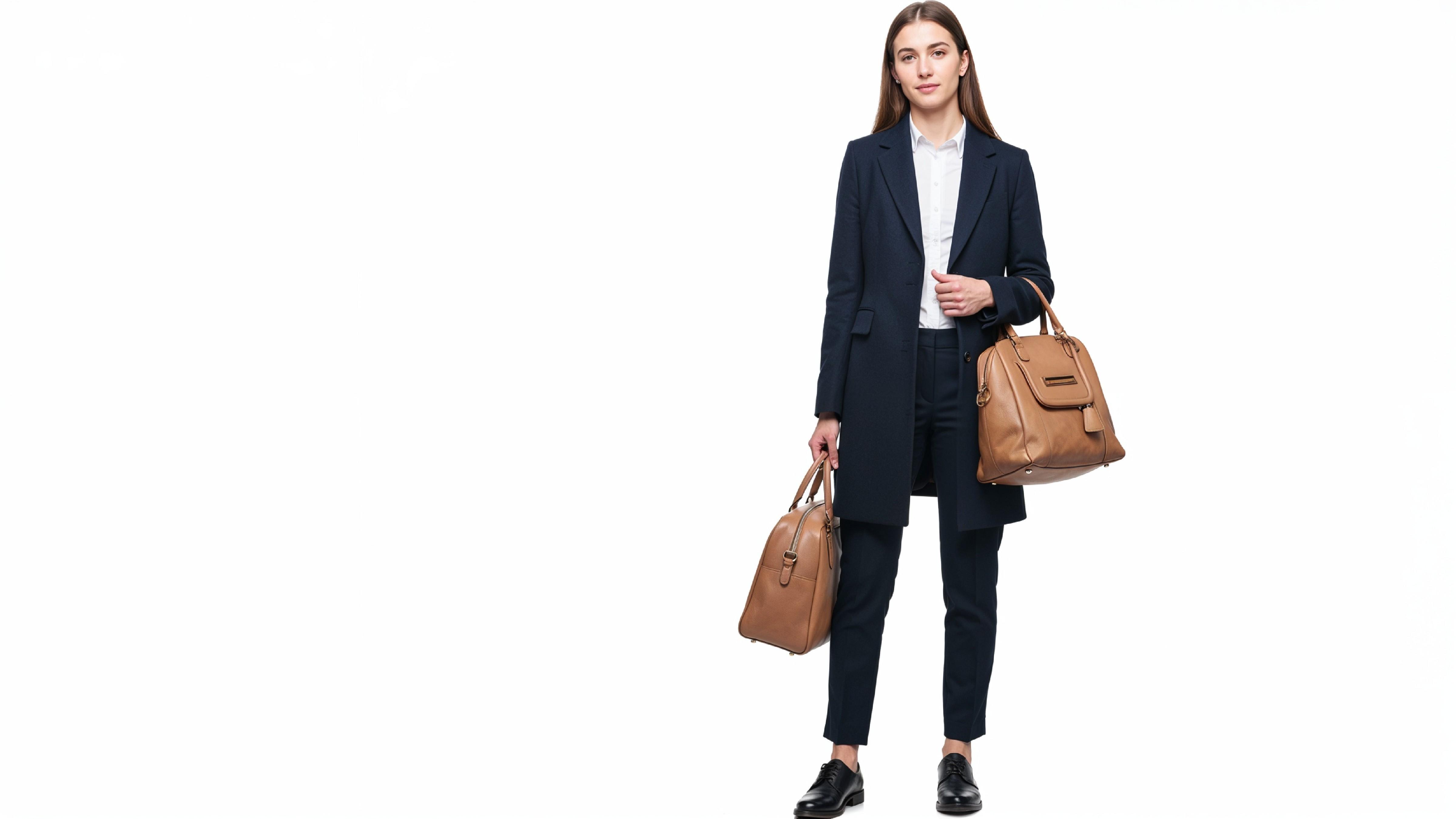 Confident Business Woman in Navy Blue Formal Outfit with Handbag