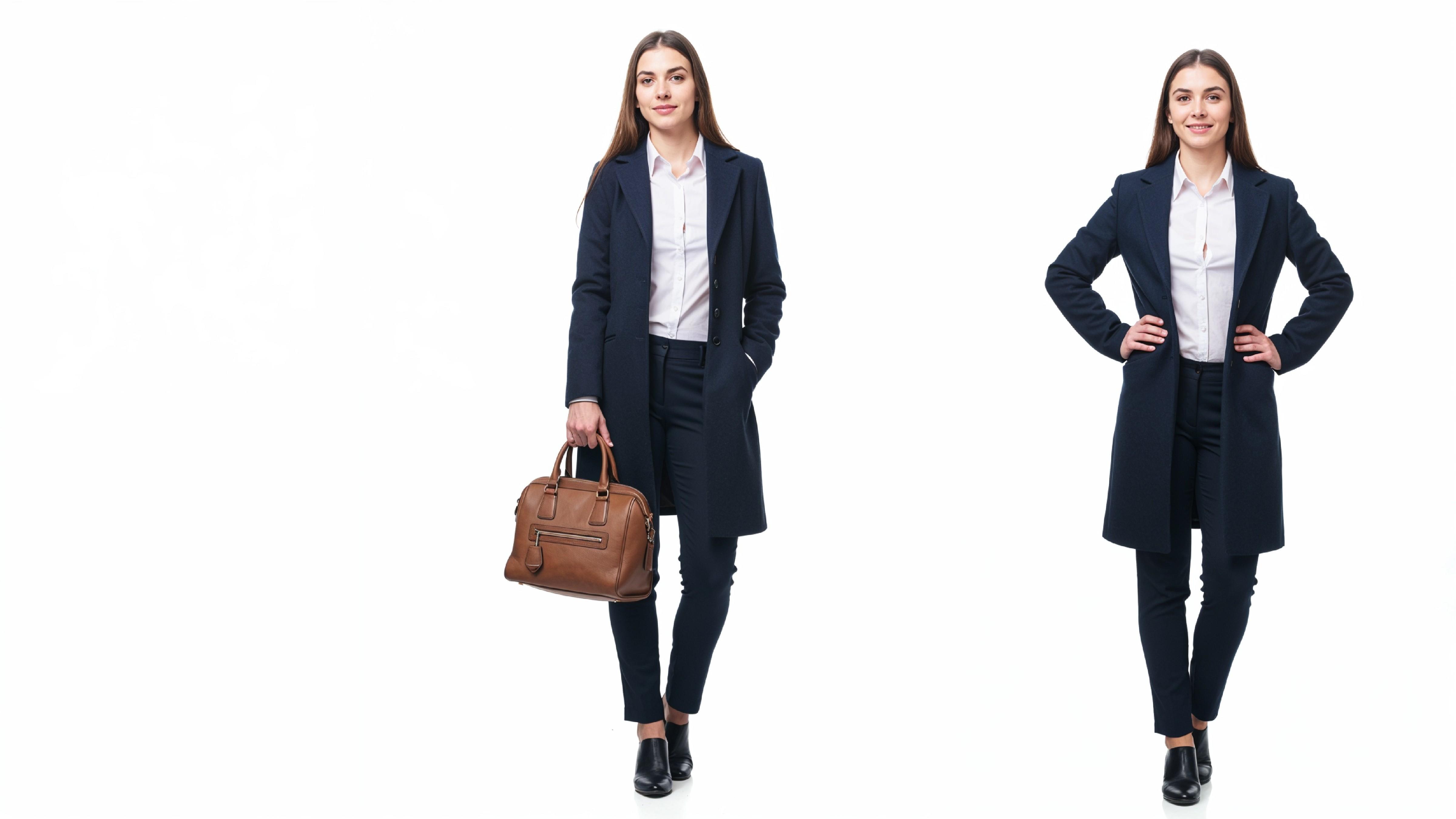 Confident Business Woman in Navy Blue Formal Outfit with Handbag