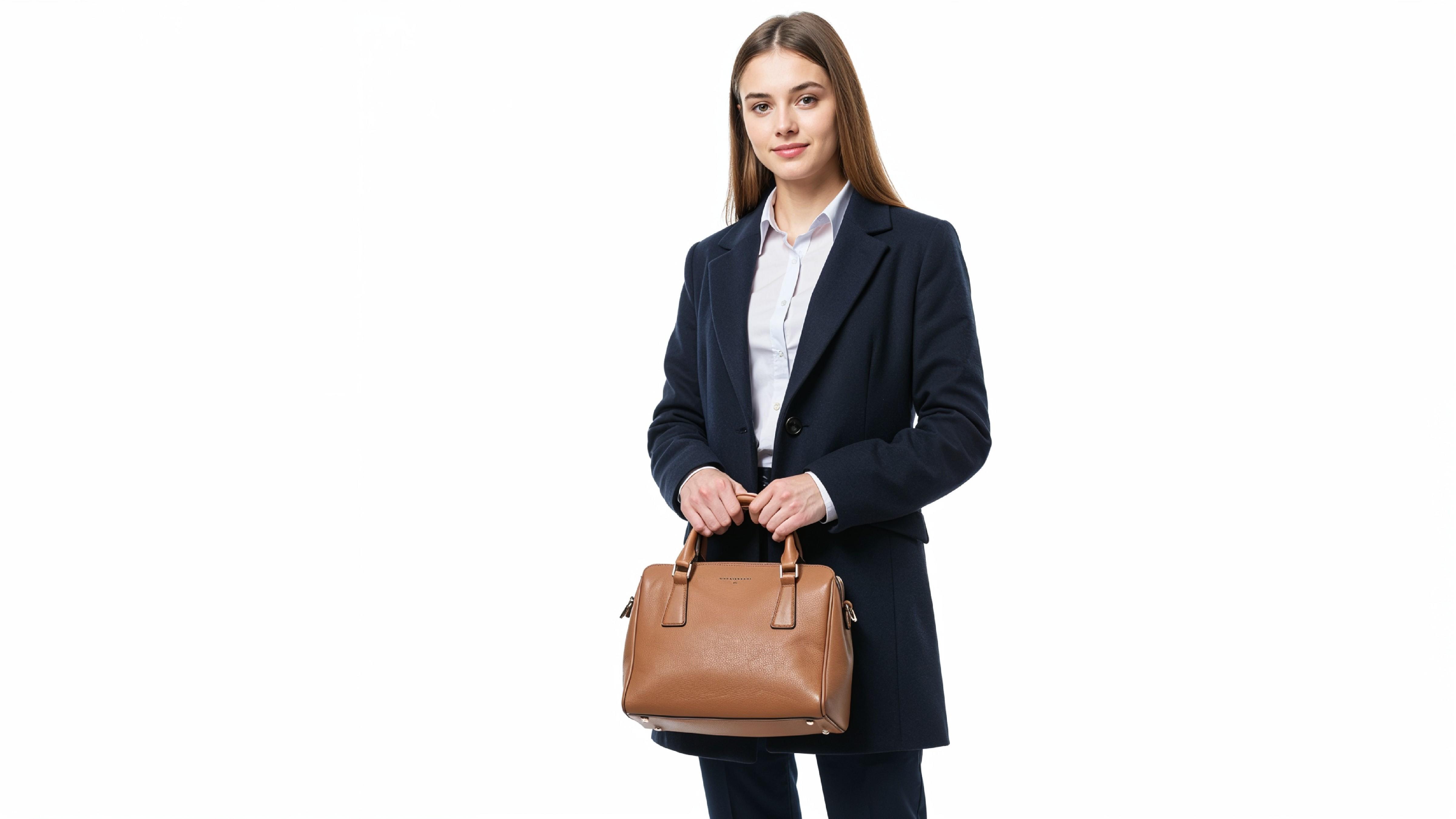 Confident Business Woman in Navy Blue Formal Outfit with Handbag