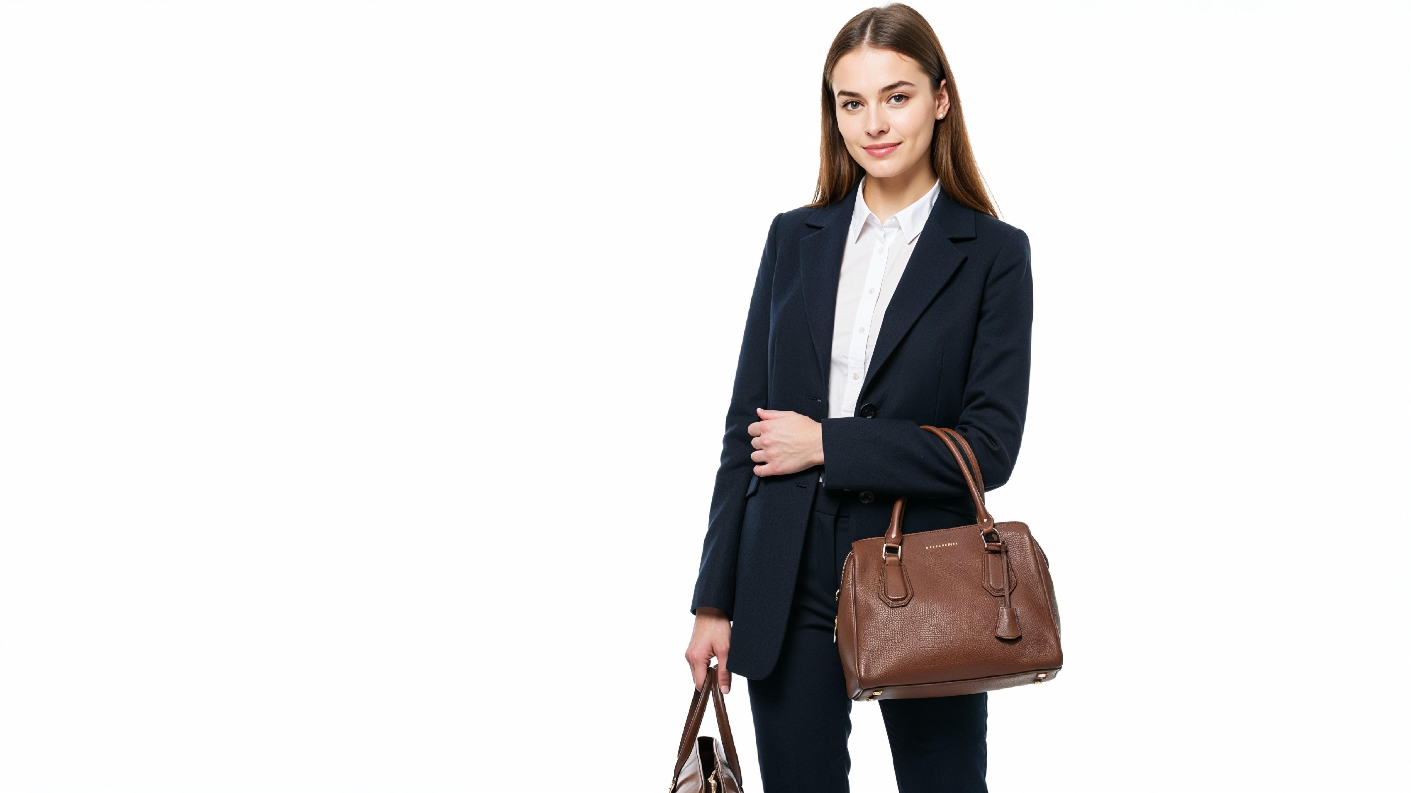 Confident Business Woman in Navy Blue Formal Outfit with Handbag