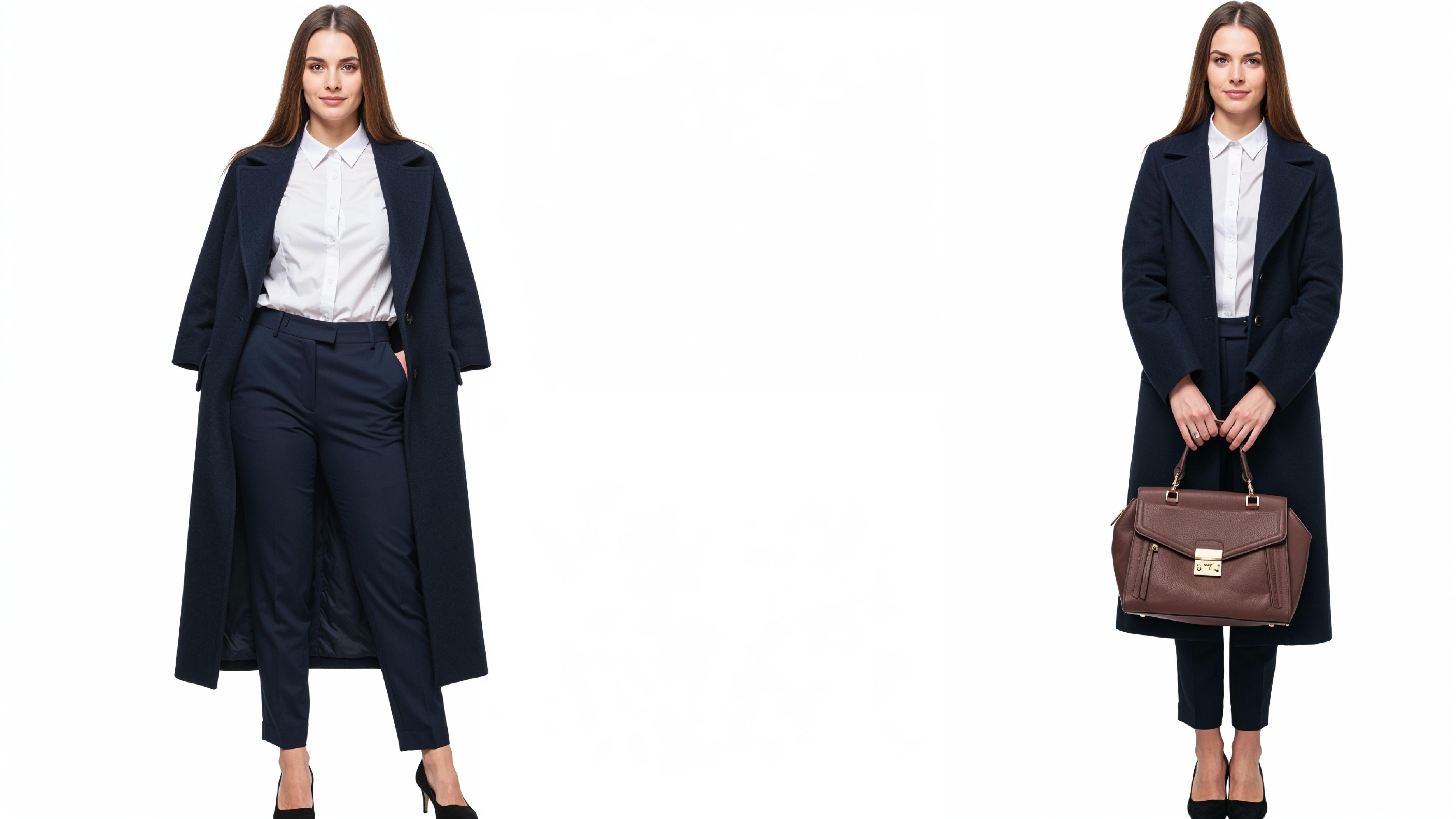 Confident Business Woman in Navy Blue Formal Outfit with Handbag