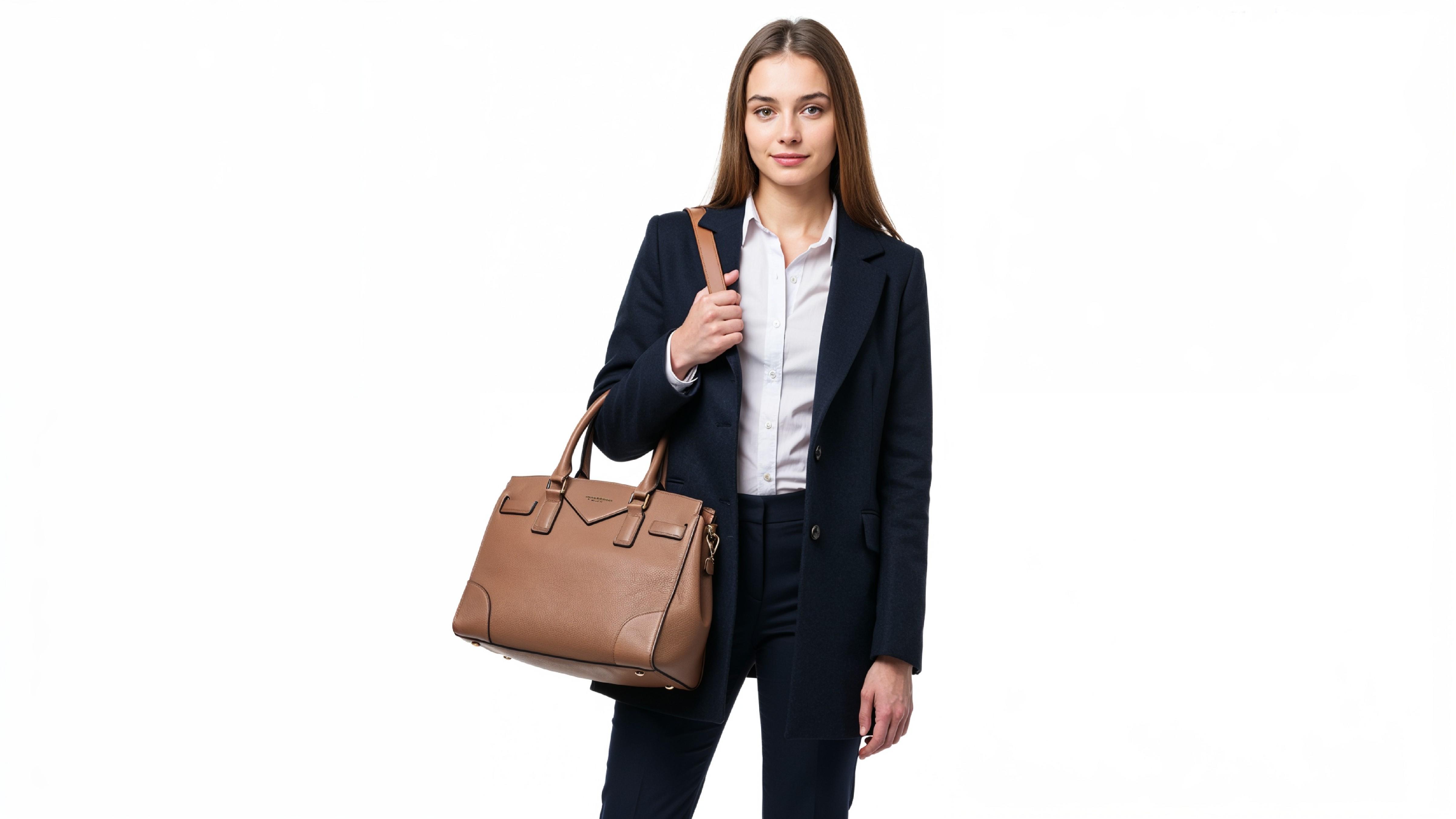 Confident Business Woman in Navy Blue Formal Outfit with Handbag