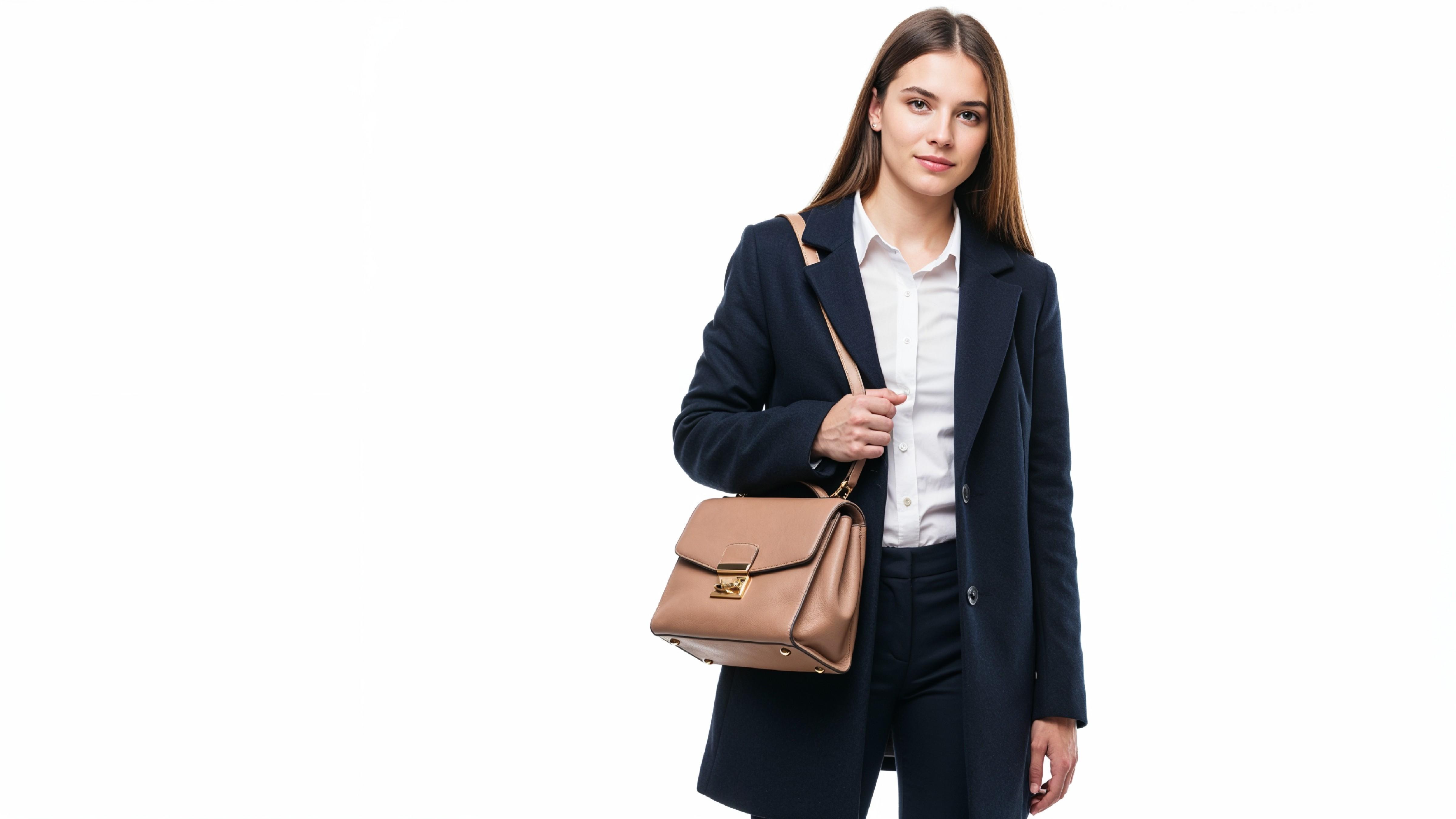 Confident Business Woman in Navy Blue Formal Outfit with Handbag