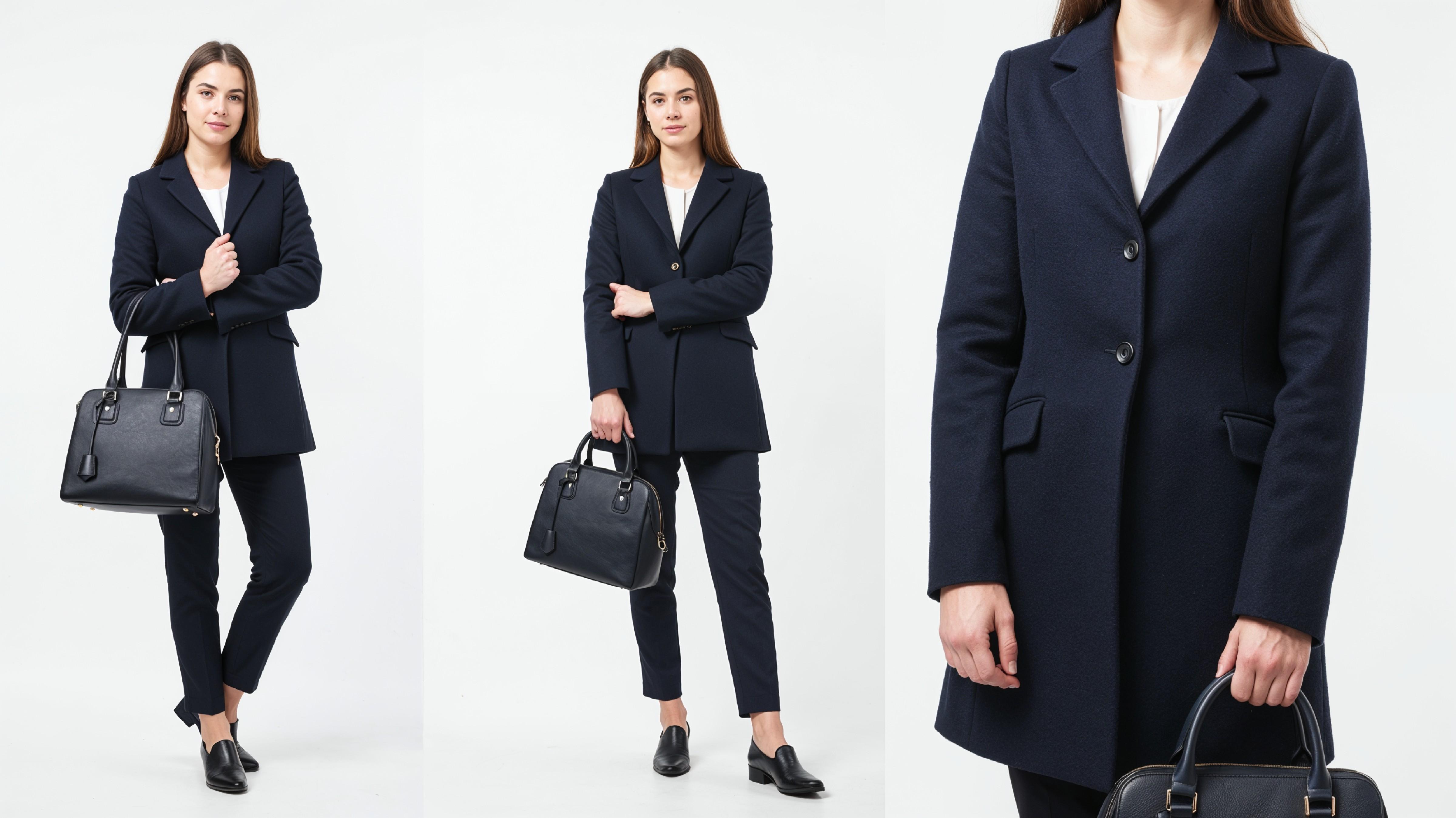 Confident Business Woman in Navy Blue Formal Outfit with Handbag