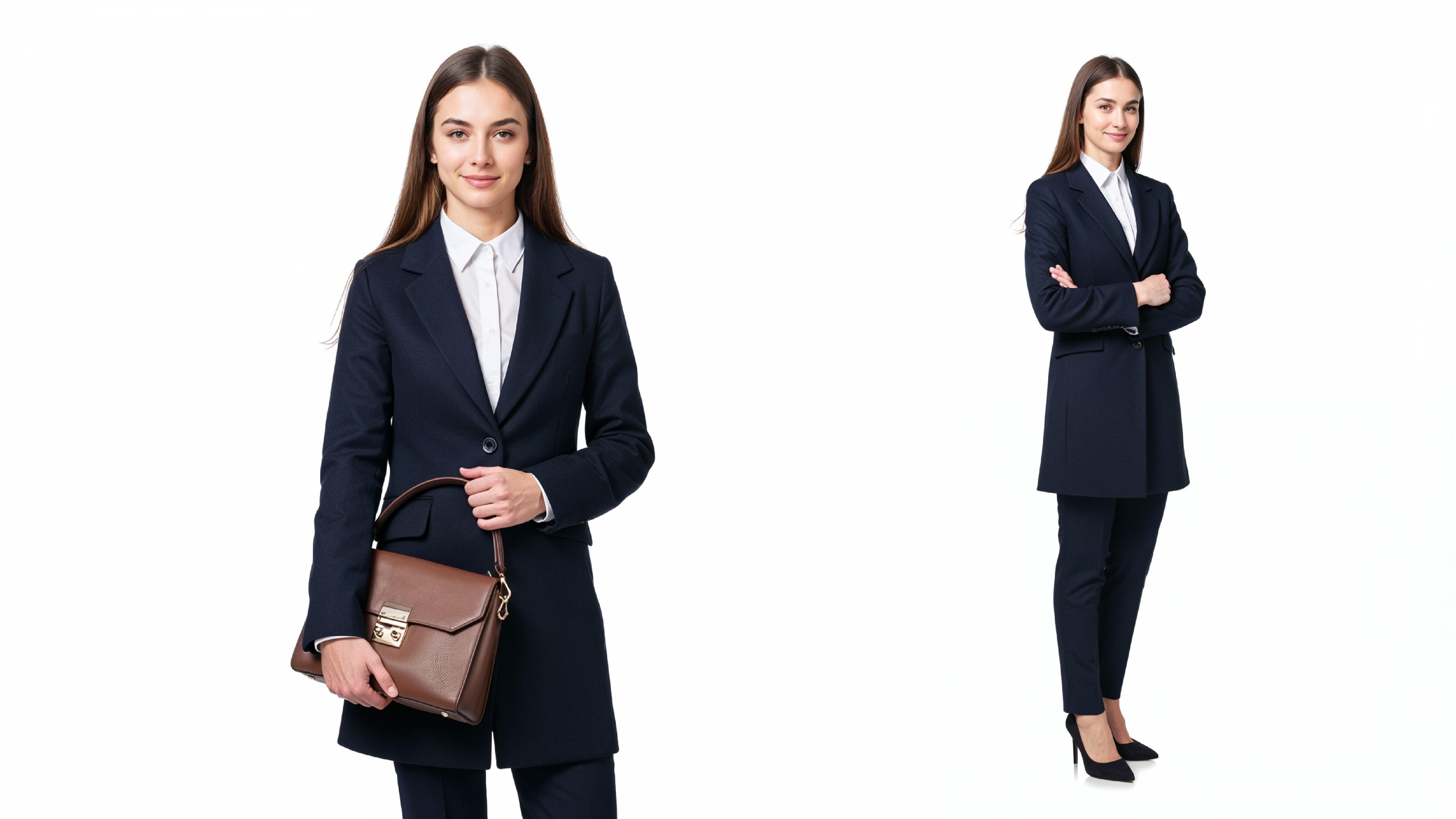 Confident Business Woman in Navy Blue Formal Outfit with Handbag