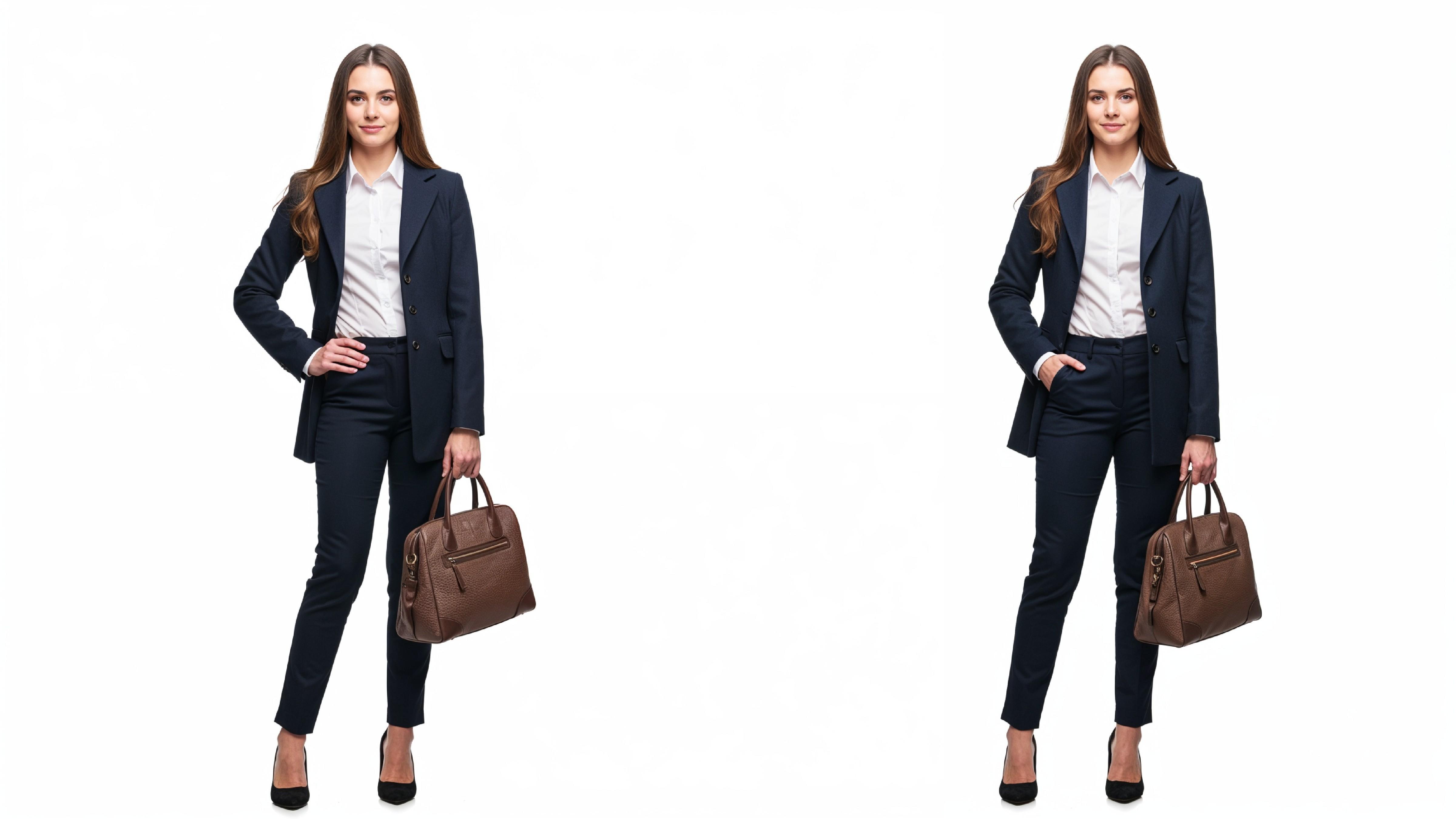 Confident Business Woman in Navy Blue Formal Outfit with Handbag