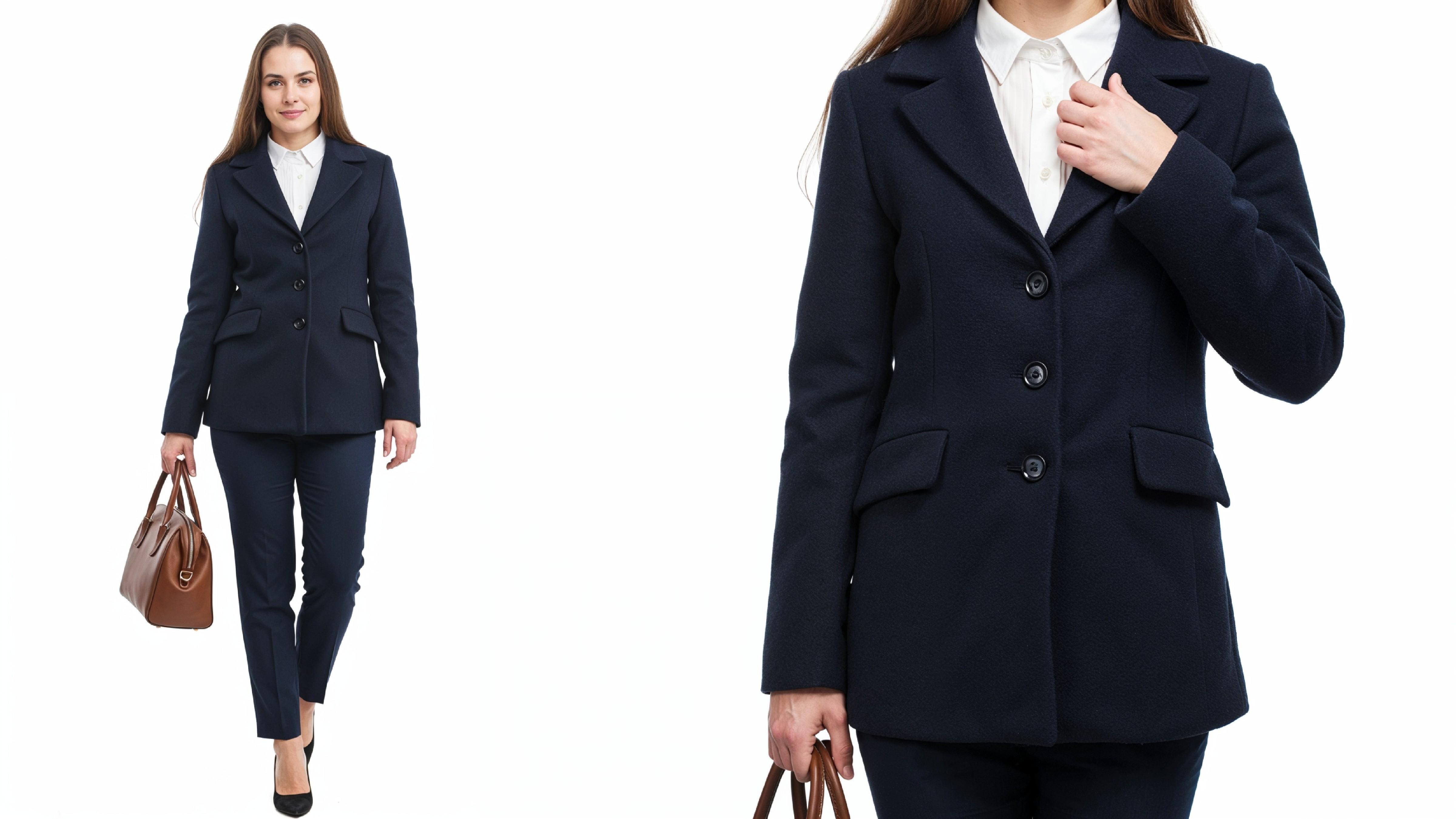Confident Business Woman in Navy Blue Formal Outfit with Handbag