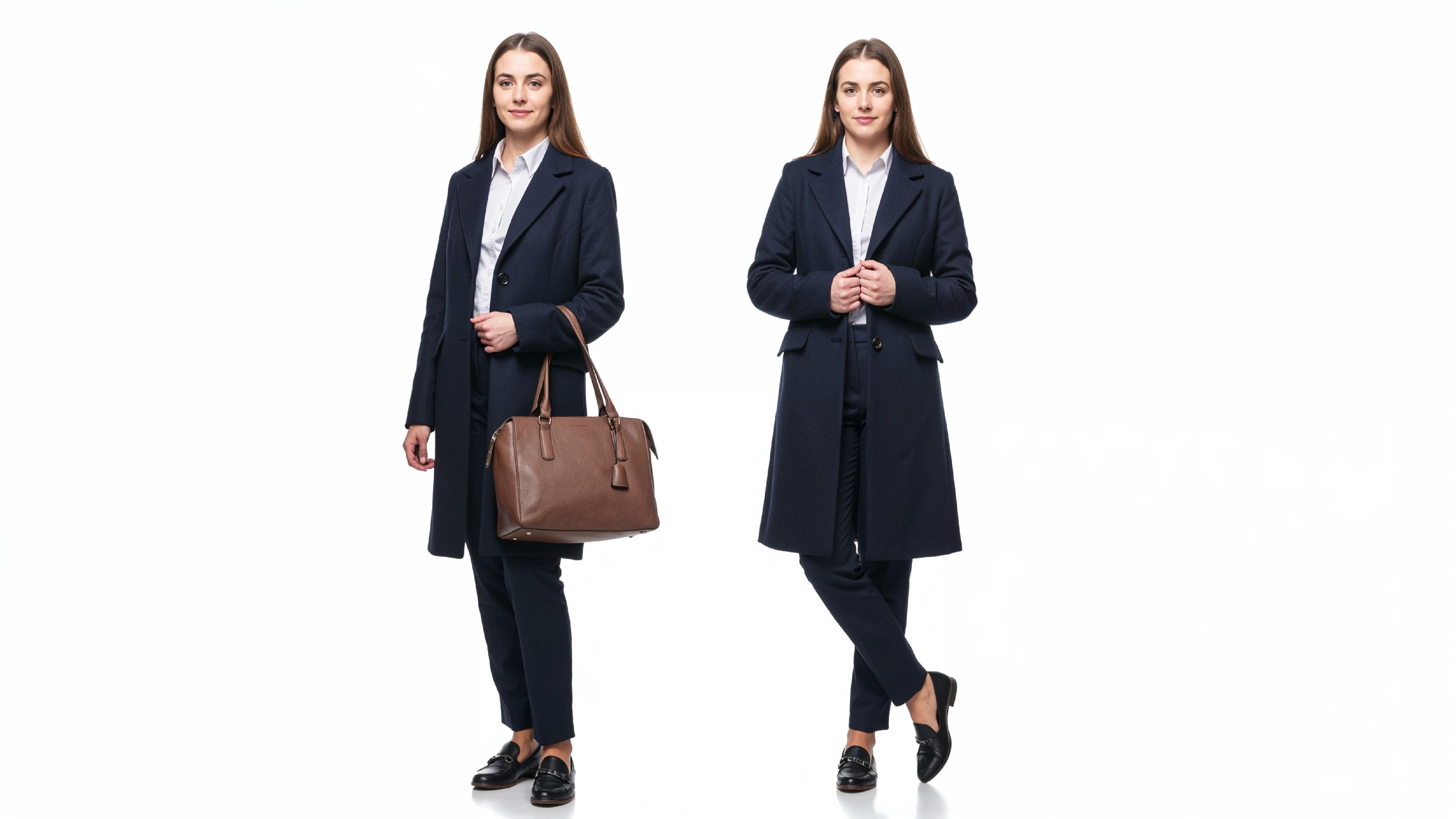 Confident Business Woman in Navy Blue Formal Outfit with Handbag