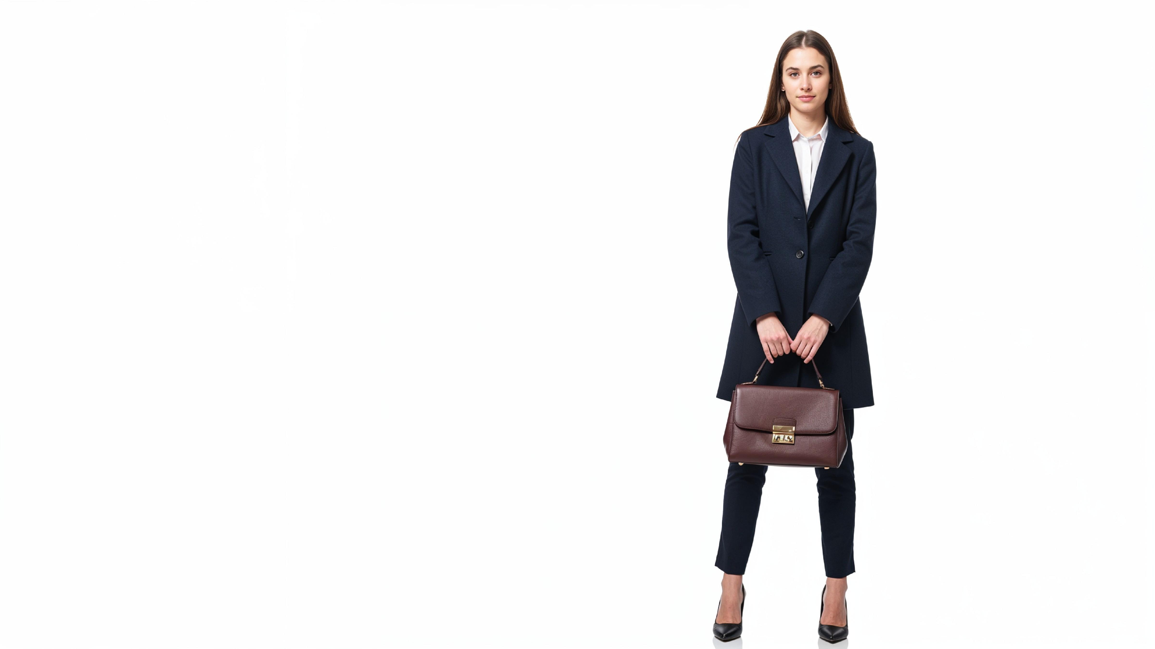 Confident Business Woman in Navy Blue Formal Outfit with Handbag