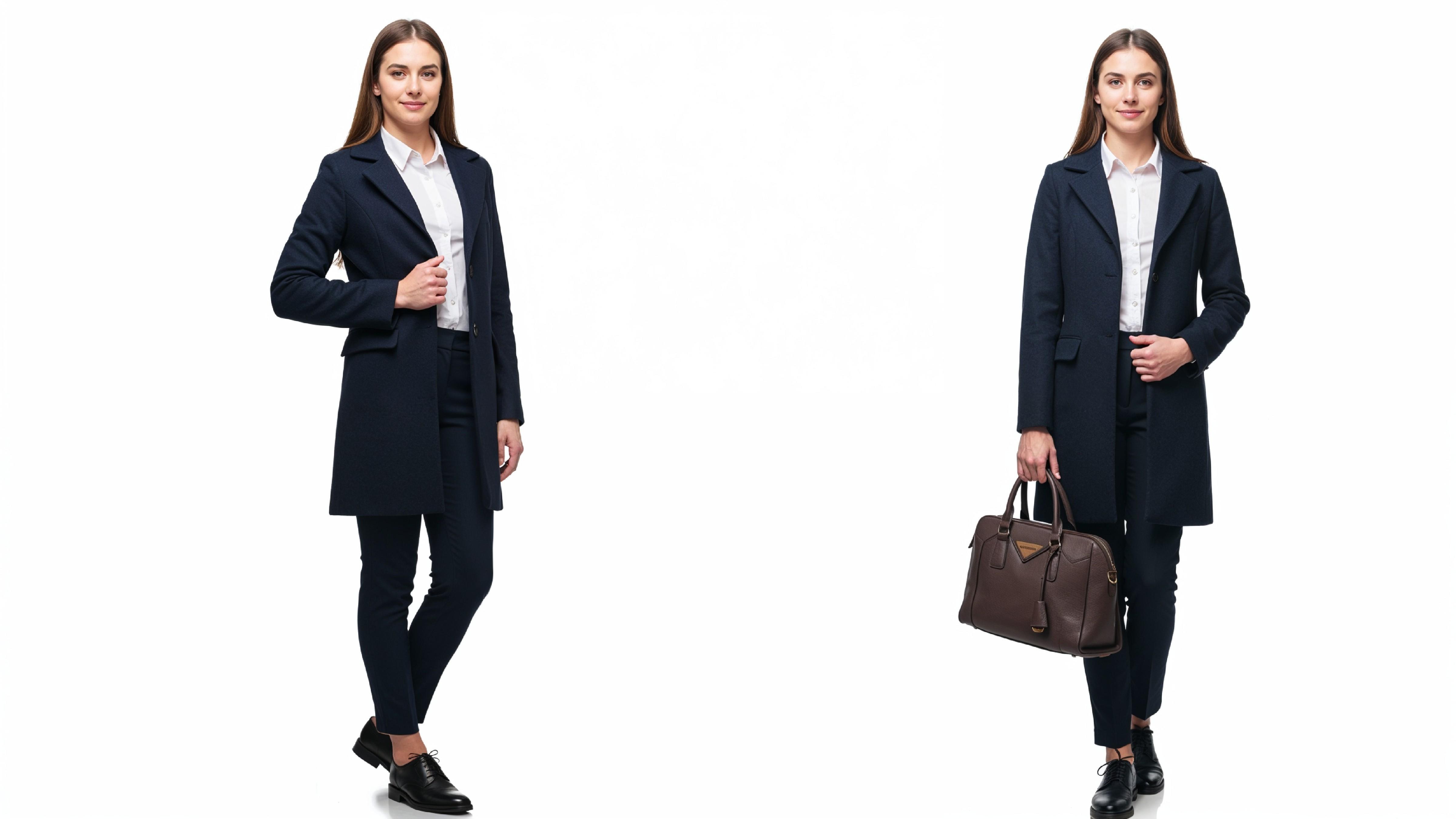 Confident Business Woman in Navy Blue Formal Outfit with Handbag