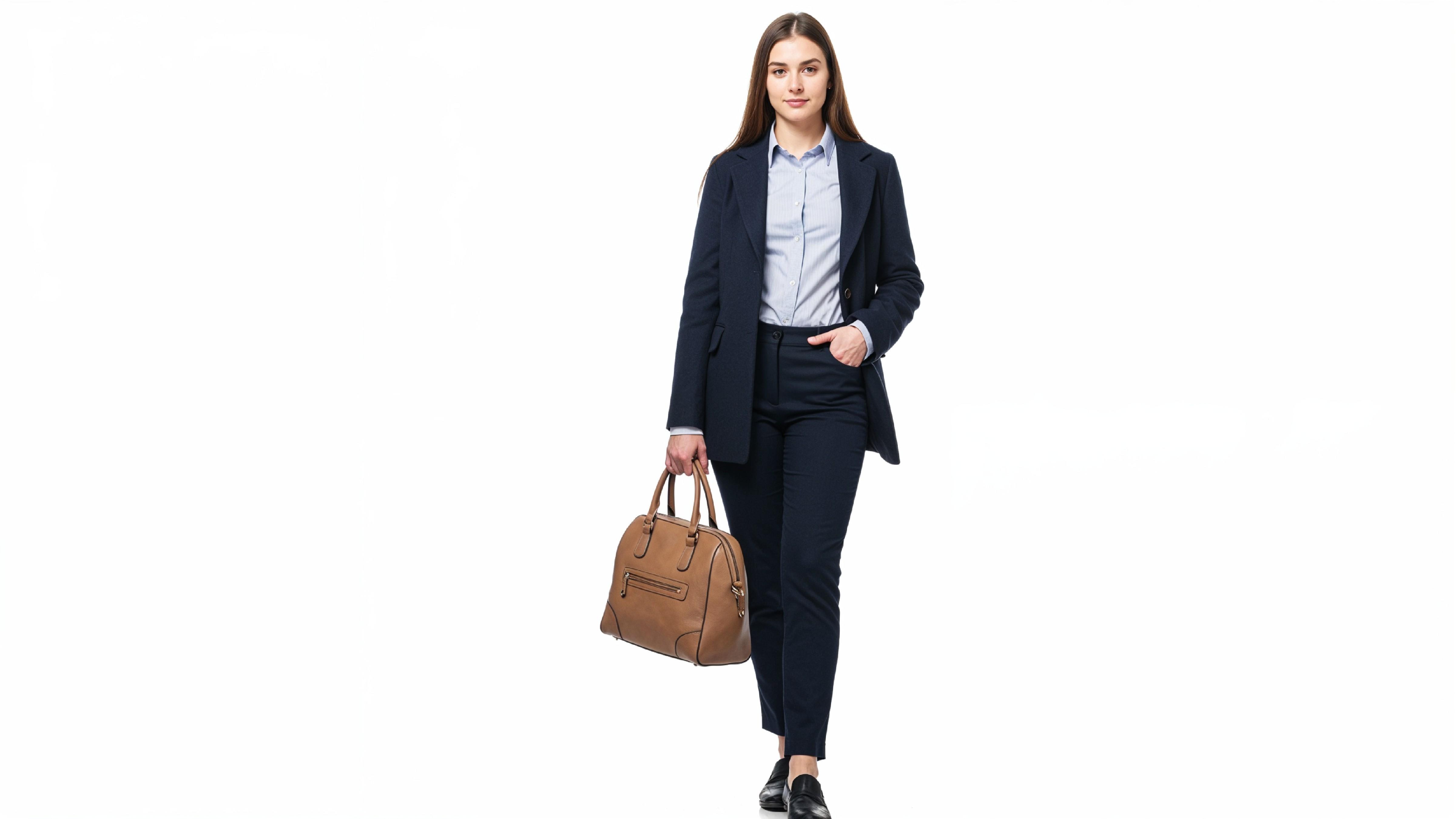 Confident Business Woman in Navy Blue Formal Outfit with Handbag