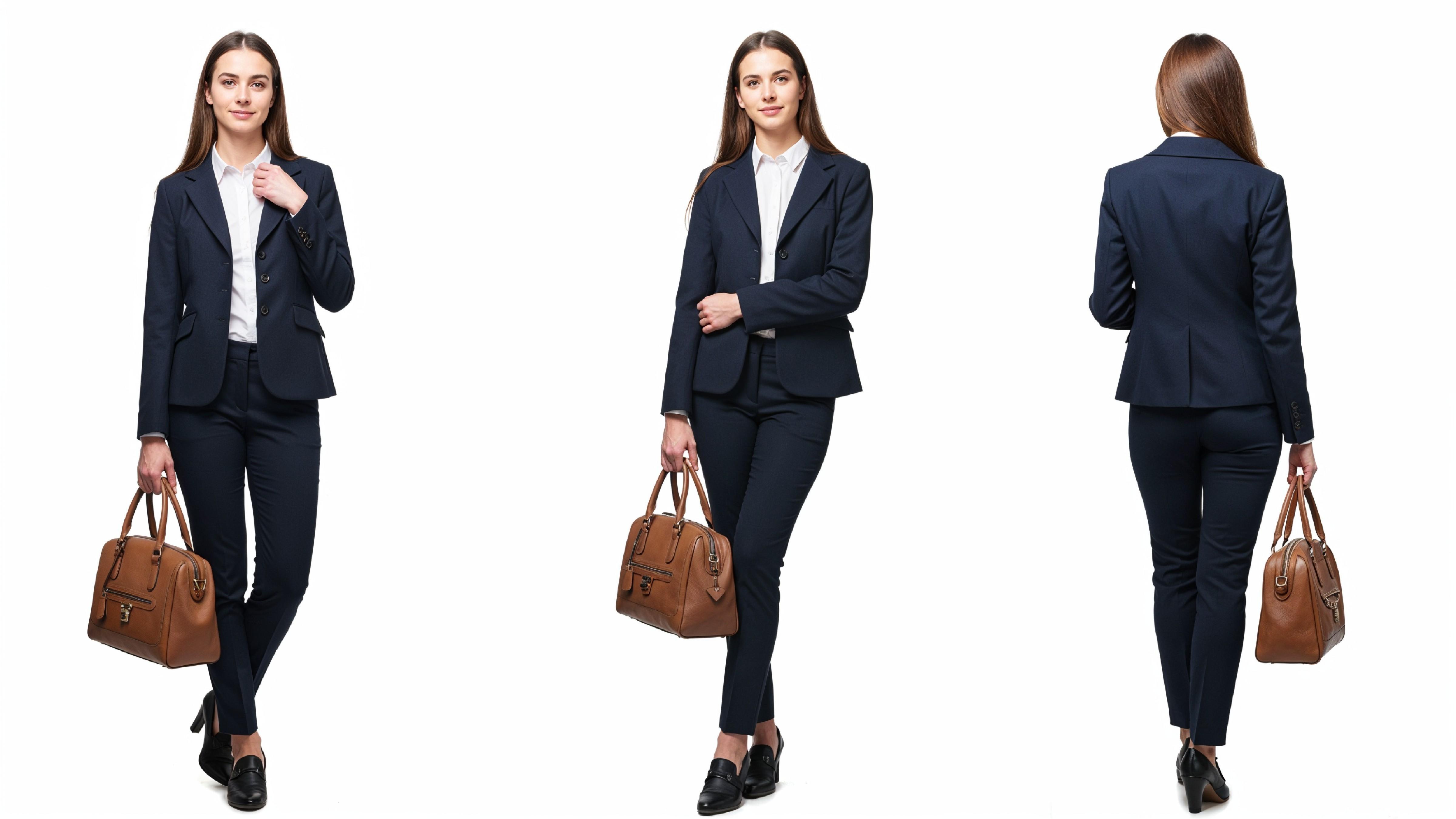 Confident Business Woman in Navy Blue Formal Outfit with Handbag