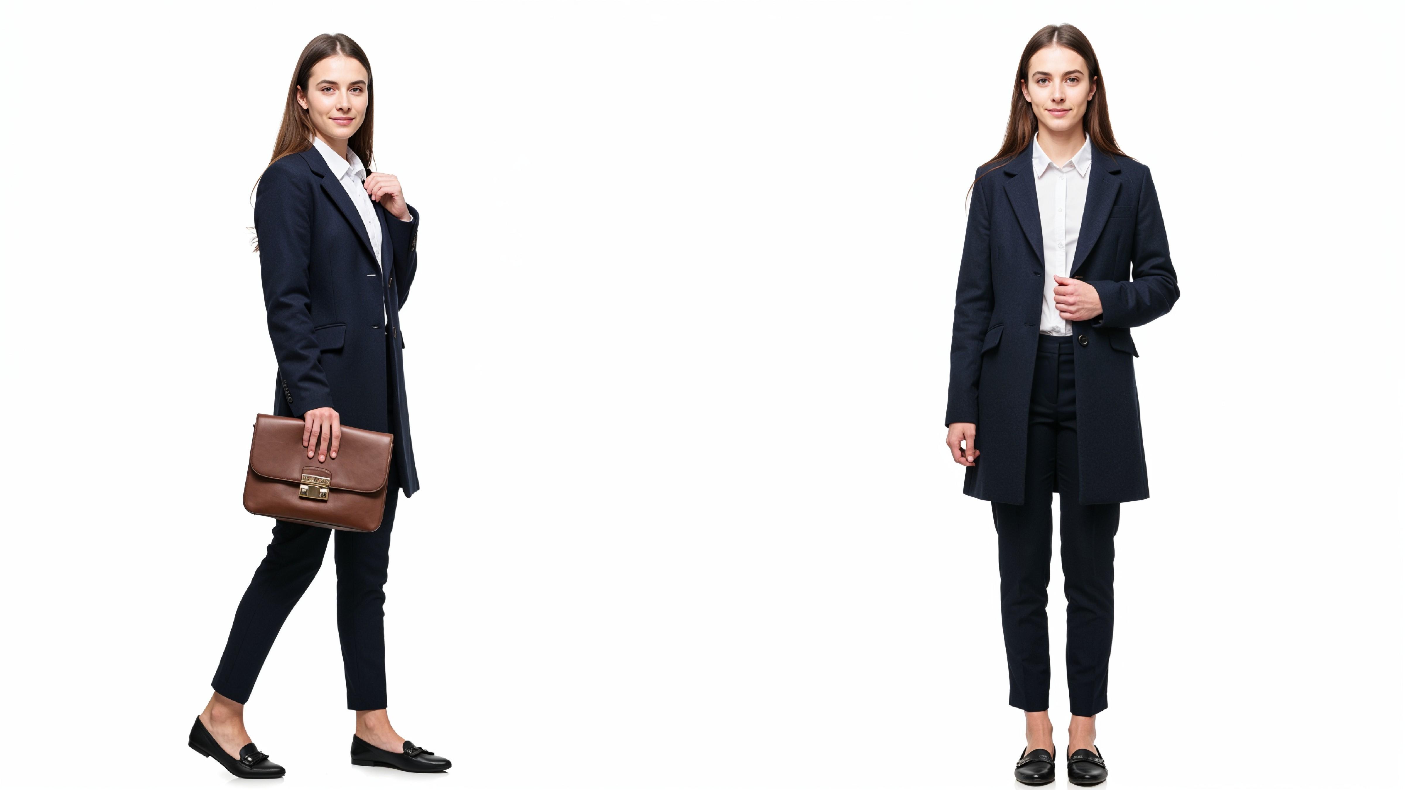 Confident Business Woman in Navy Blue Formal Outfit with Handbag