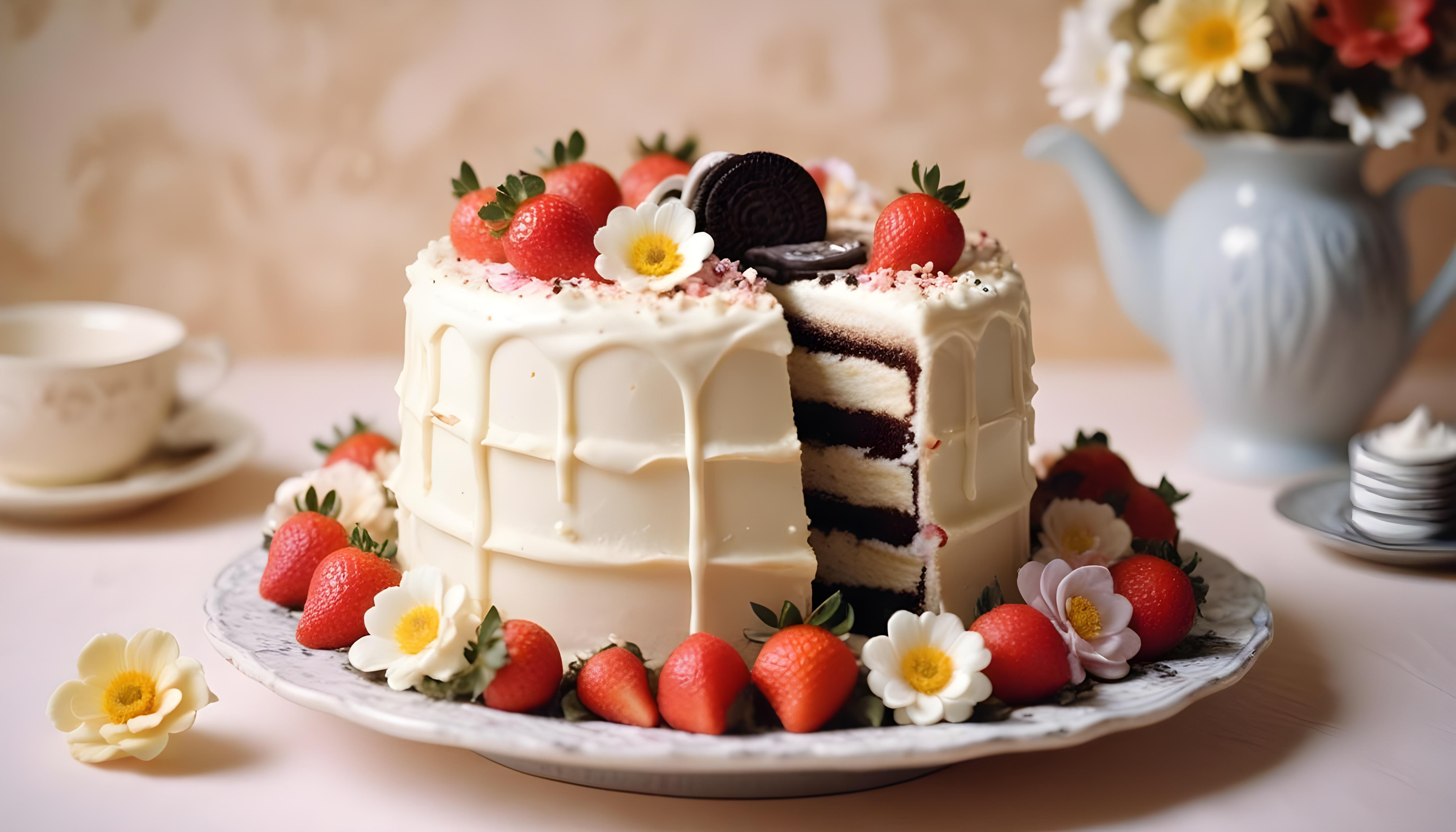Delicious Strawberry Cream Cake Dessert Isolated on Elegant Background