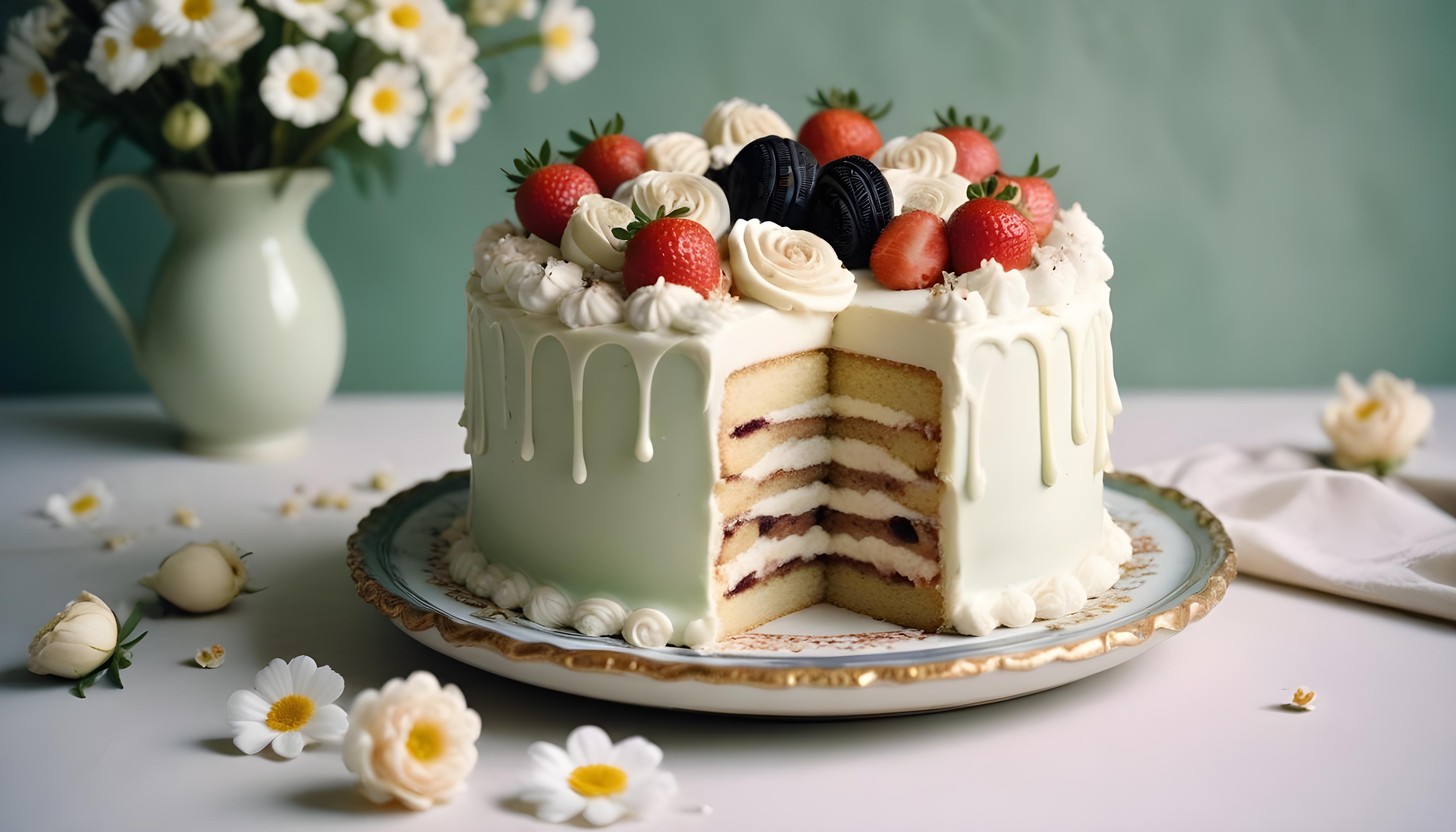 Delicious Strawberry Cream Cake Dessert Isolated on Elegant Background