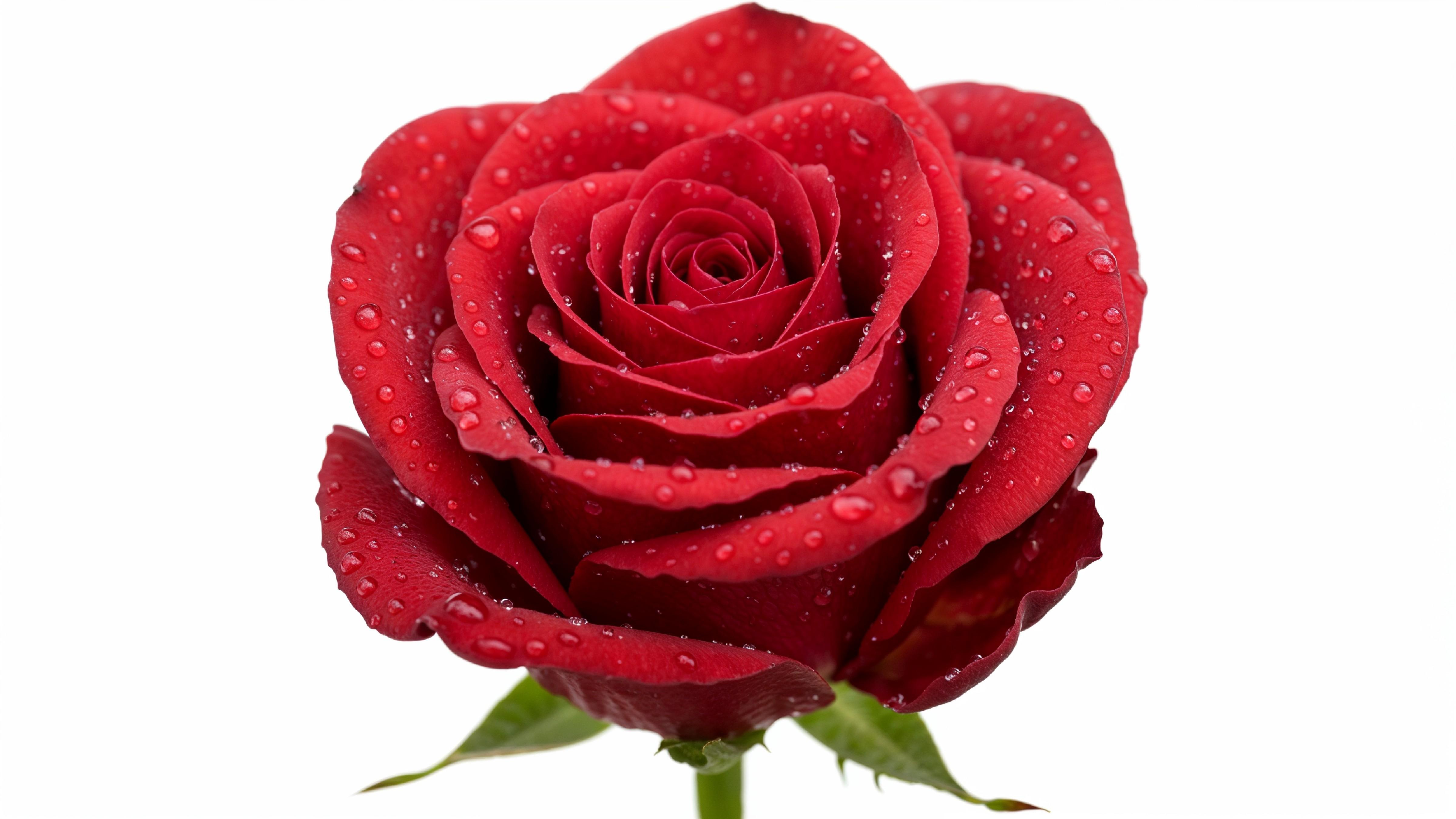 Elegant Red Rose with Dewdrops on White Background