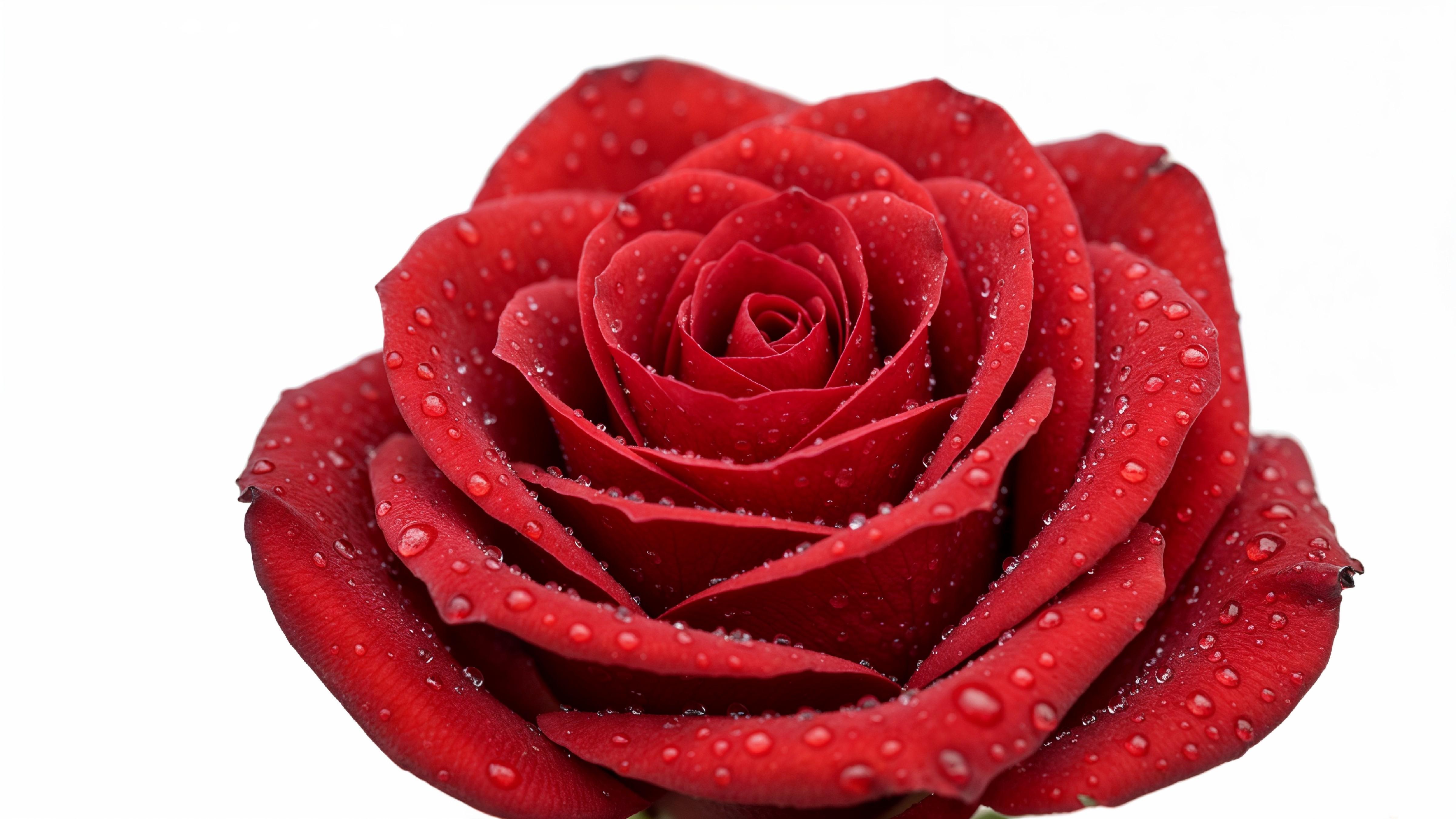 Elegant Red Rose with Dewdrops on White Background