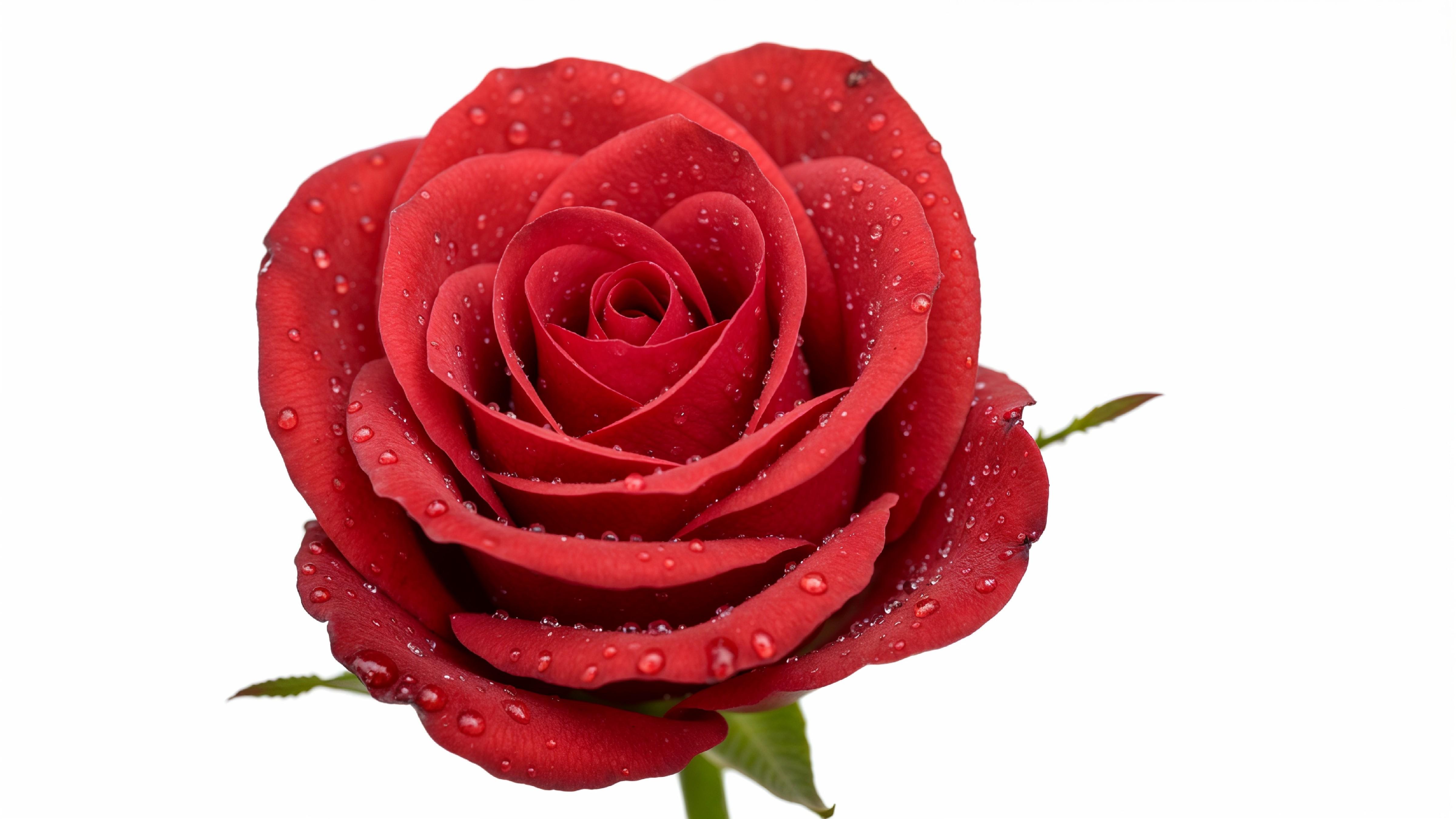 Elegant Red Rose with Dewdrops on White Background